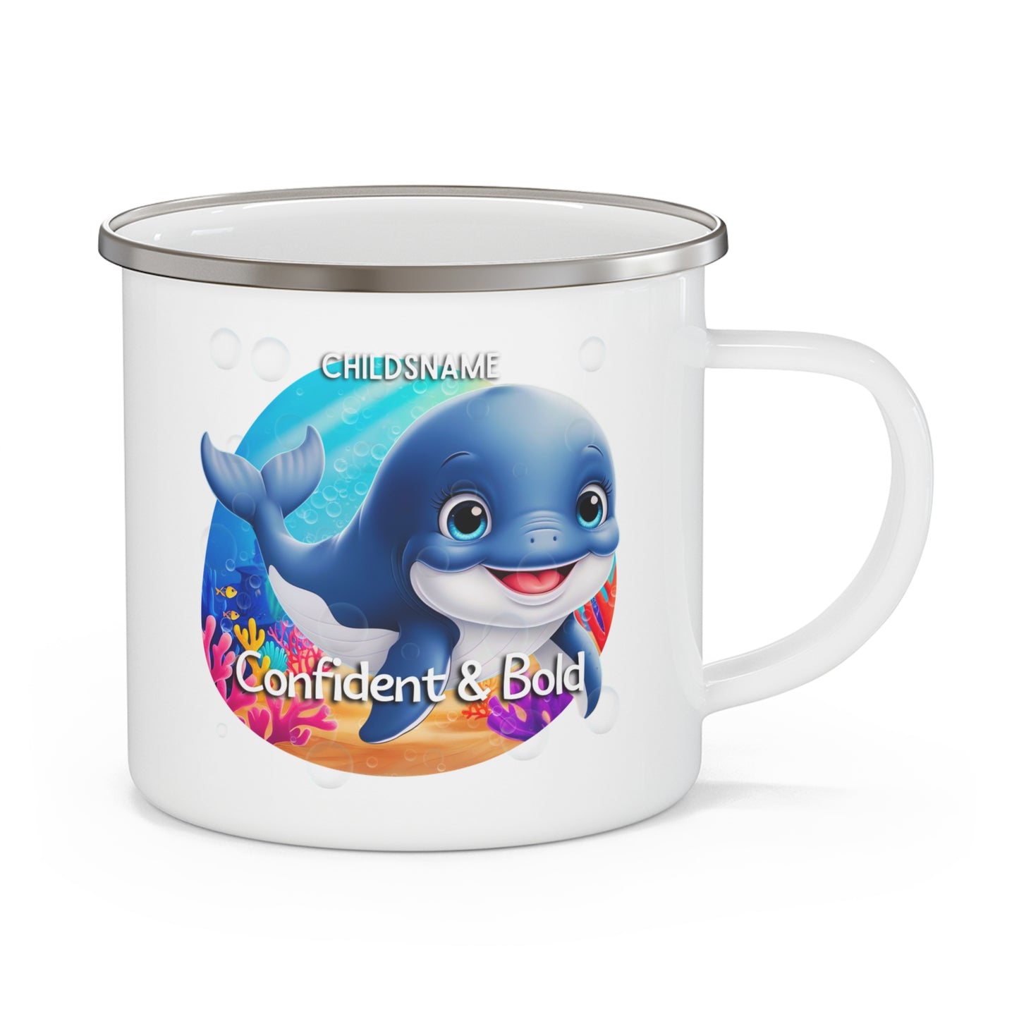 Personalized Kids Whale Camping Mug – Confident & Bold – Colorful Sea Life Stainless Steel Enamel Cup (12oz)