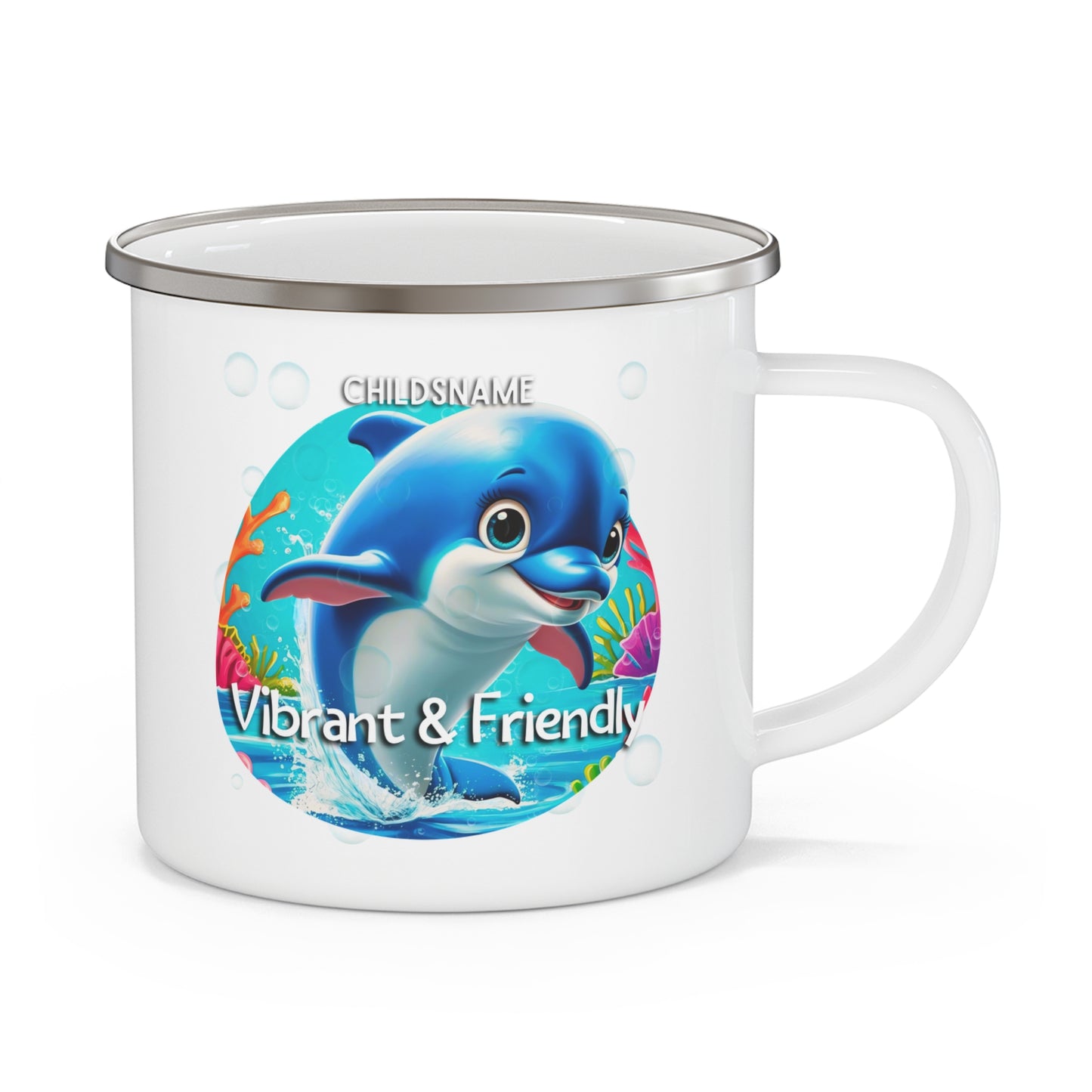 Personalized Kids Dolphin Camping Mug – Vibrant & Friendly – Colorful Sea Life Stainless Steel Enamel Cup (12oz)