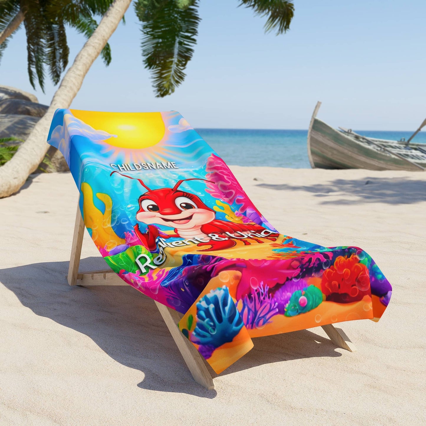 Personalized Kids Beach Towel – Vibrant Lobster Design – Resilient & Unique