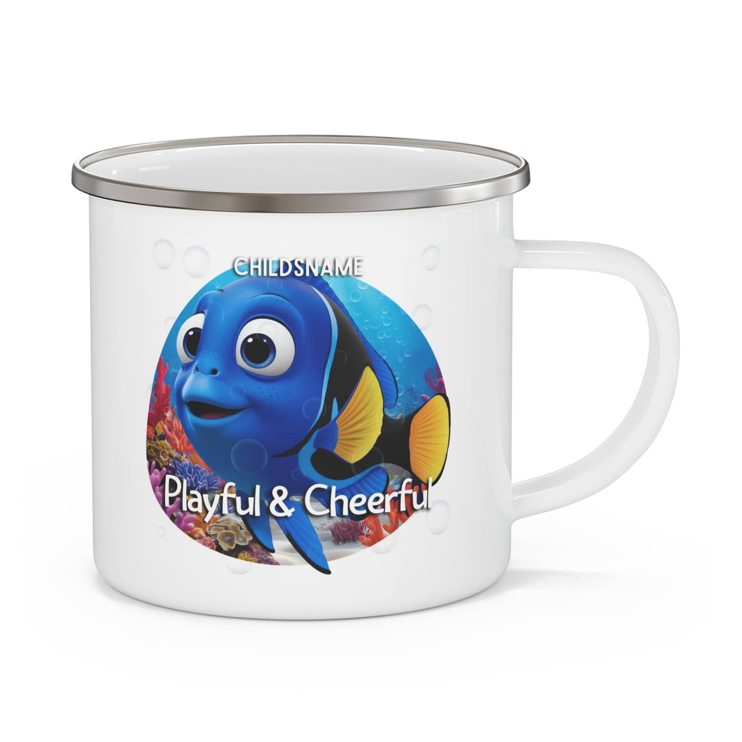 Personalized Kids Blue Tang Camping Mug – Playful & Cheerful – Colorful Sea Life Stainless Steel Enamel Cup (12oz)