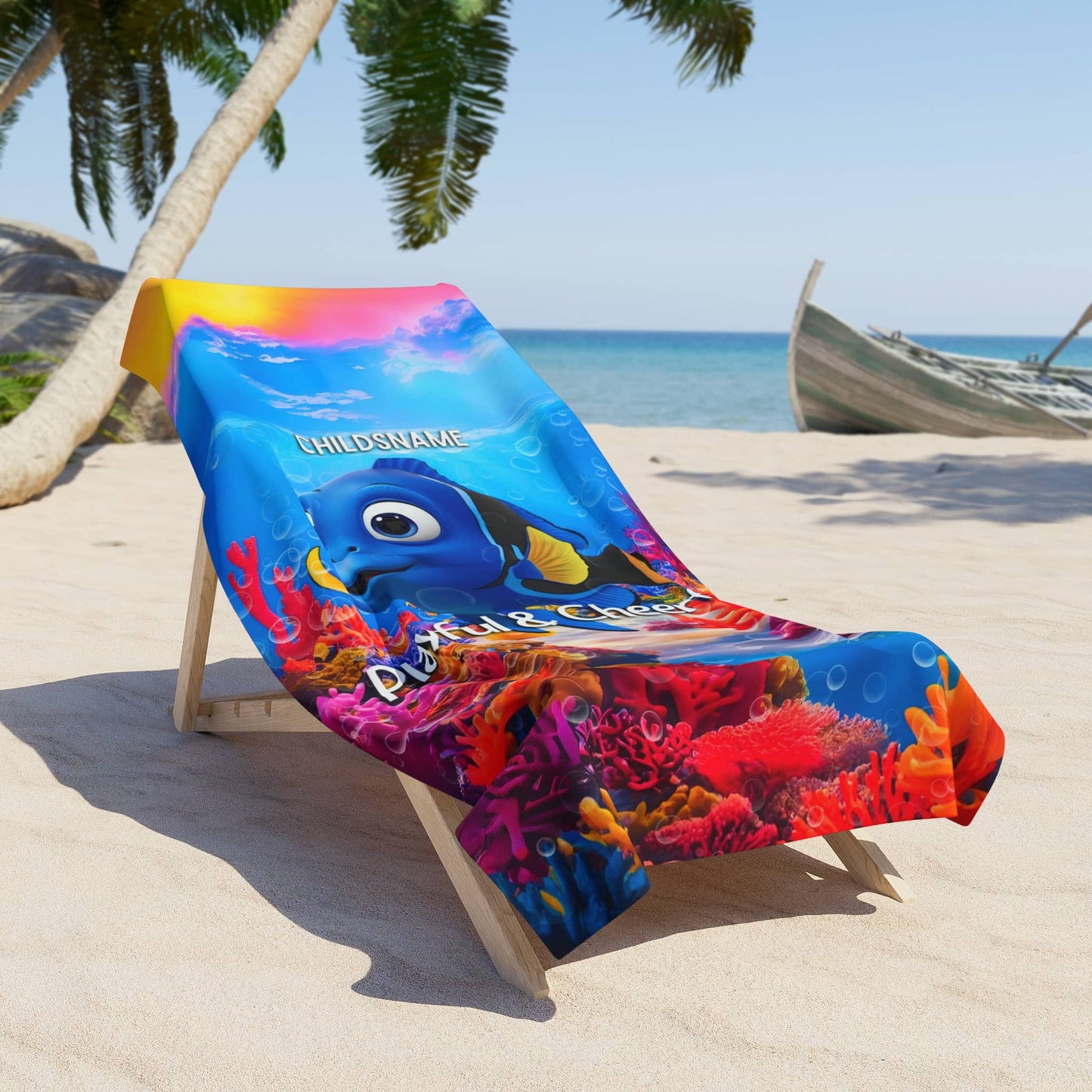 Personalized Kids Beach Towel – Vibrant Blue Tang Design – Playful & Cheerful