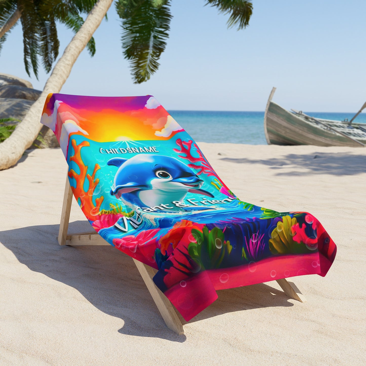 Personalized Kids Beach Towel – Vibrant Dolphin Design – Vibrant & Friendly