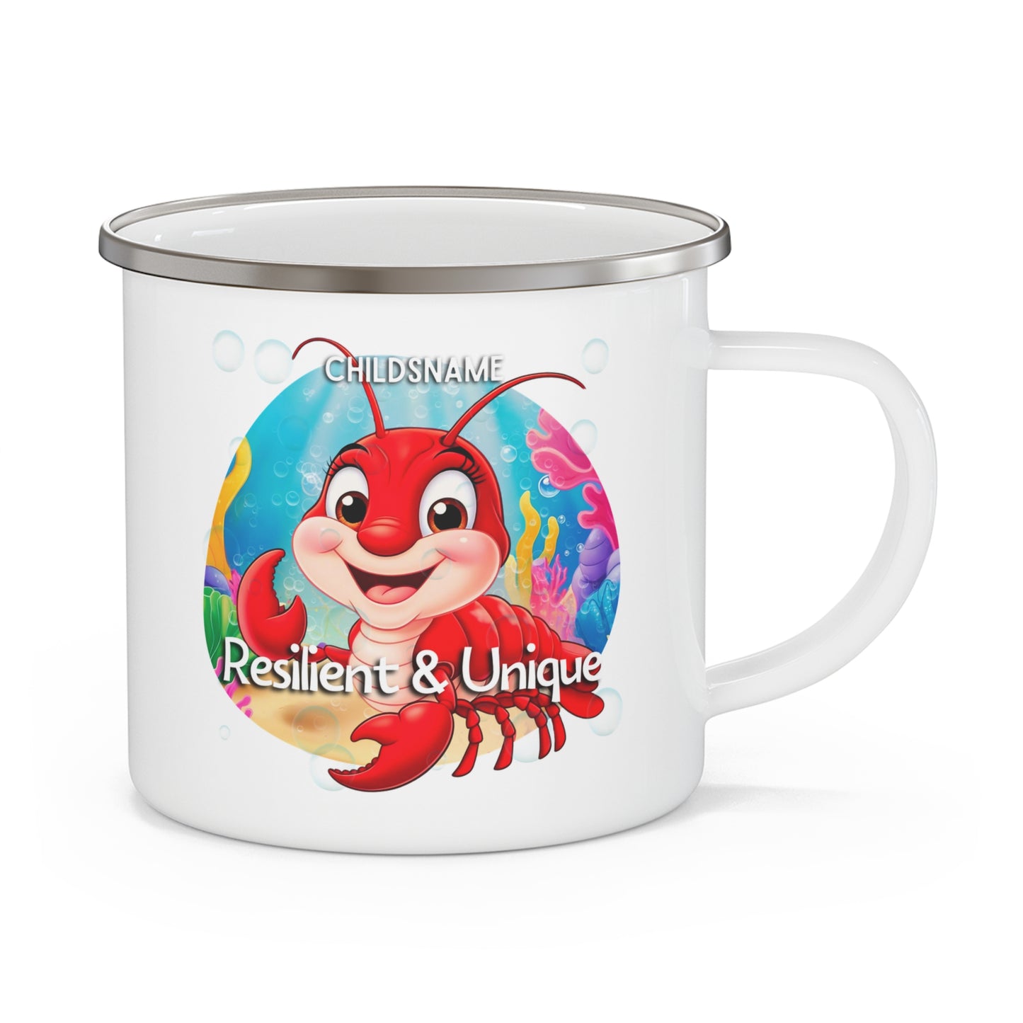 Personalized Kids Lobster Camping Mug – Resilient & Unique – Colorful Sea Life Stainless Steel Enamel Cup (12oz)