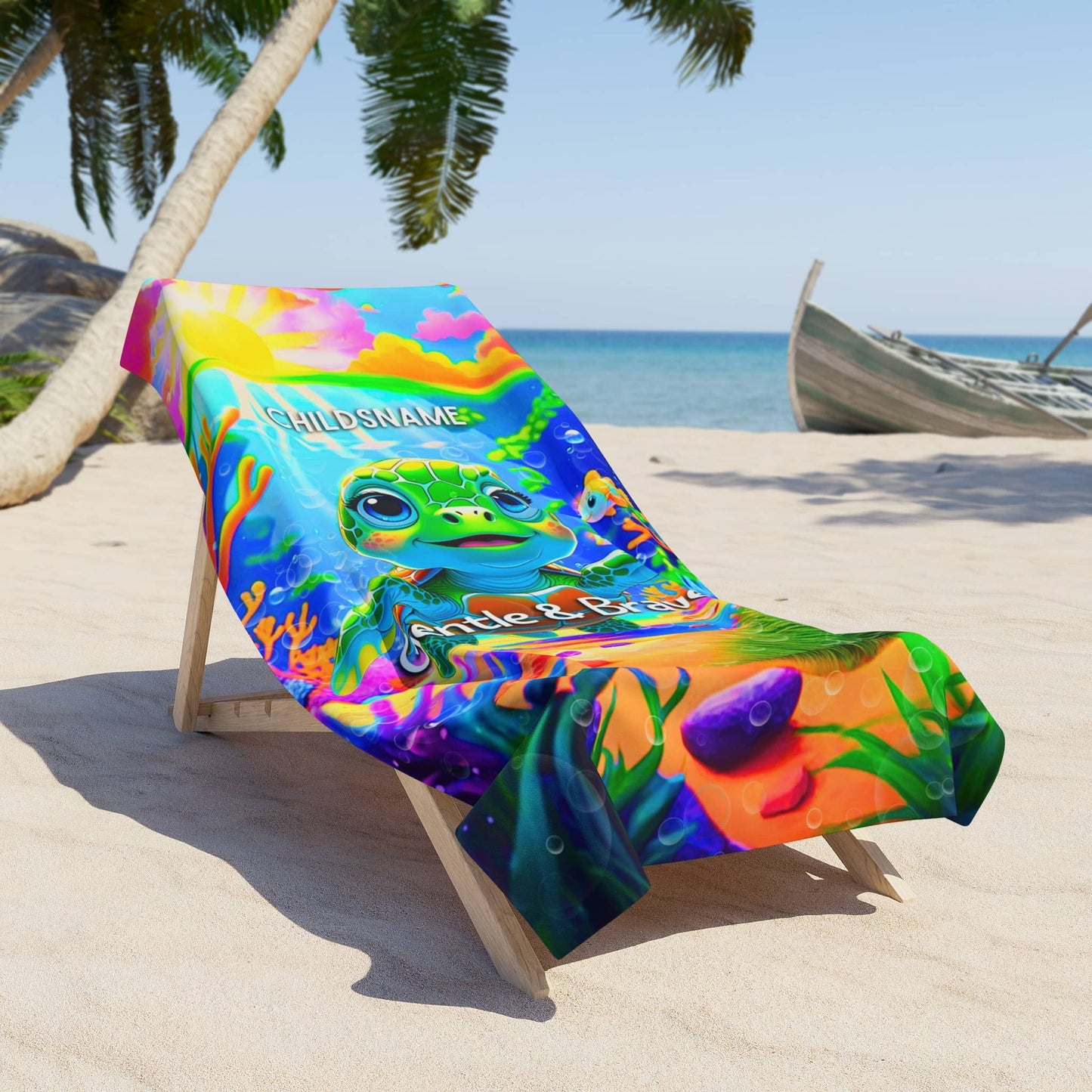 Personalized Kids Beach Towel Vibrant Turtle Design Gentle & Brave