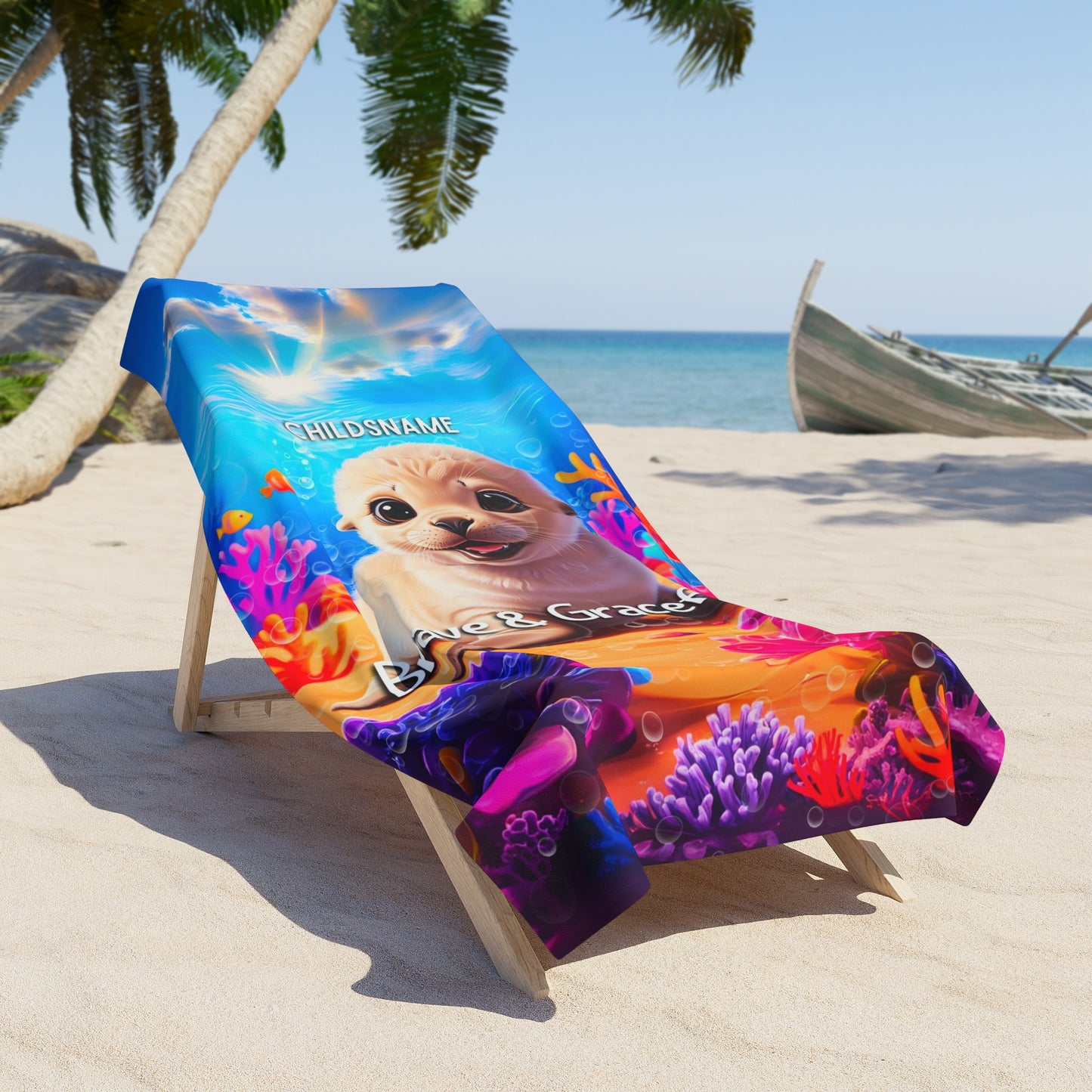 Personalized Kids Beach Towel, Vibrant Seal Design - Brave & Graceful