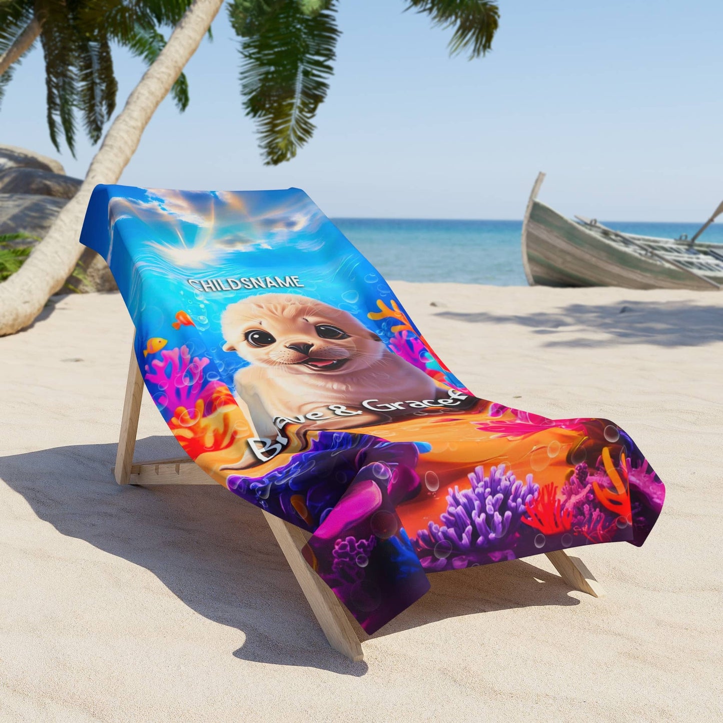 Personalized Kids Beach Towel Vibrant Seal Design Brave & Graceful