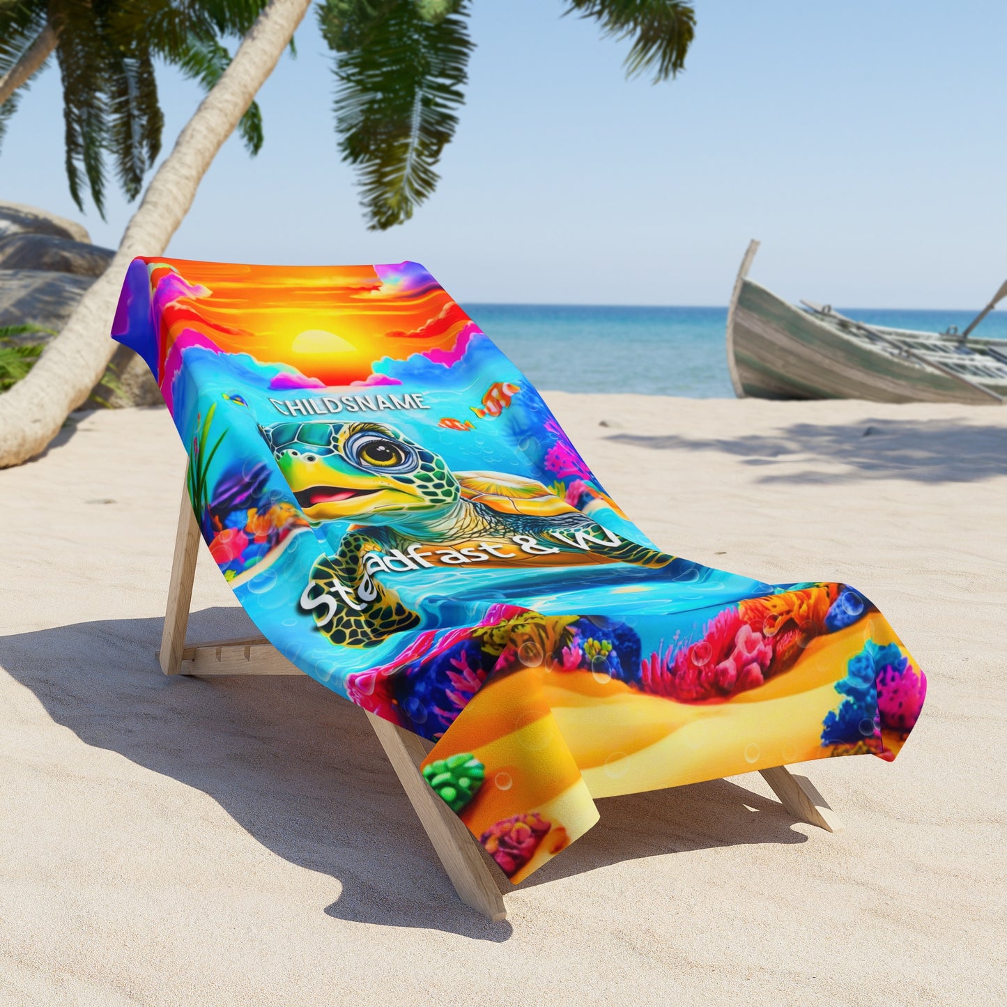 Personalized Kids Beach Towel – Vibrant Turtle Design – Steadfast & Wise