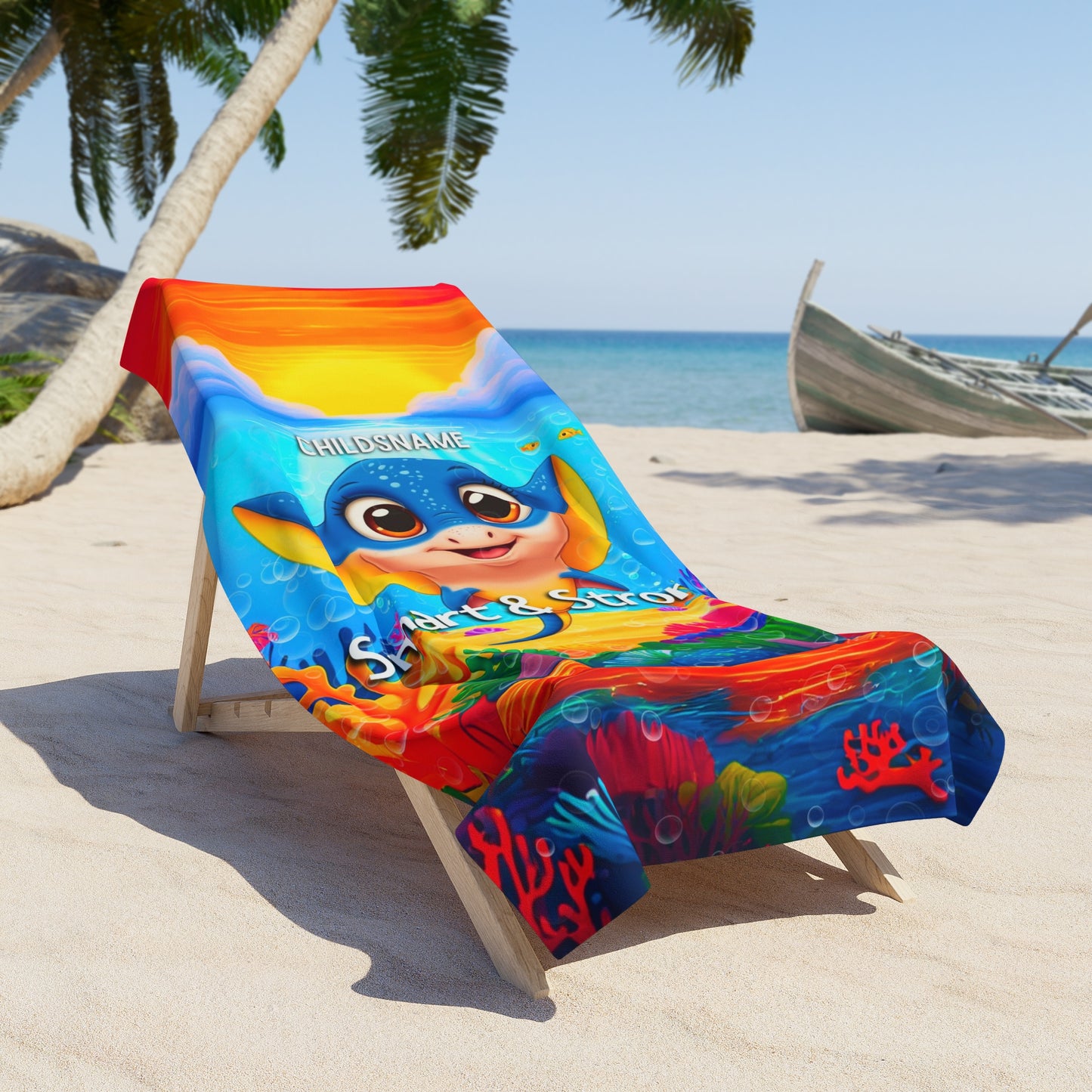 Personalized Kids Beach Towel – Vibrant Stingray Design – Smart & Strong