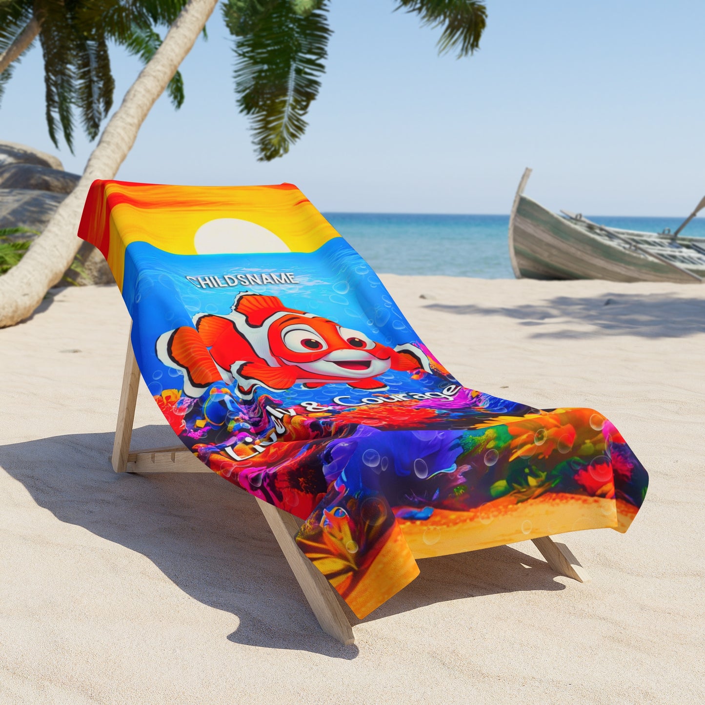 Personalized Kids Beach Towel – Vibrant Clownfish Design – Lively & Courageous