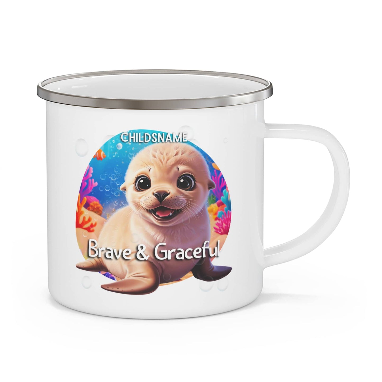 Personalized Kids Seal Camping Mug – Brave & Graceful – Colorful Sea Life Stainless Steel Enamel Cup (12oz)