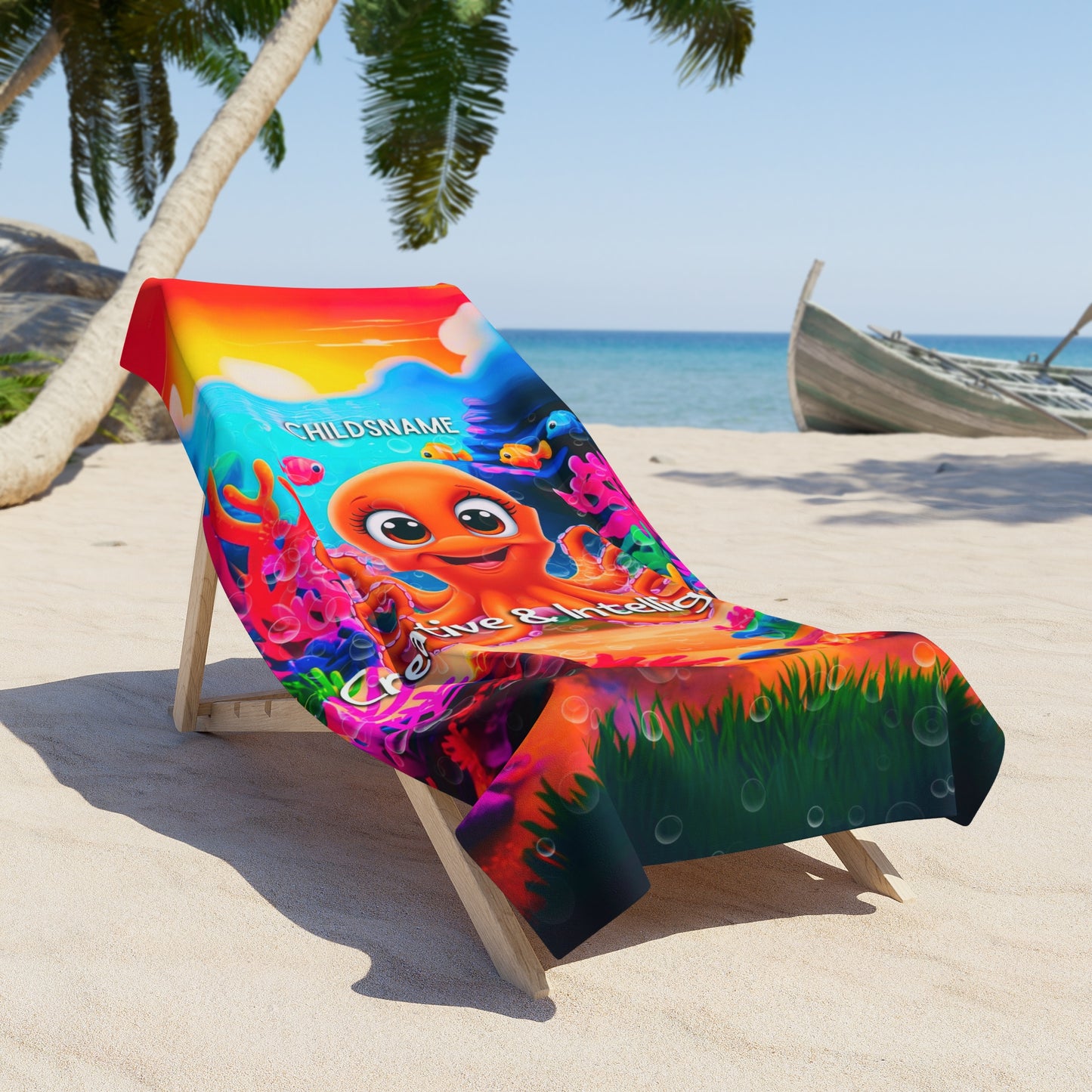 Personalized Kids Beach Towel – Vibrant Octopus Design – Creative & Intelligent