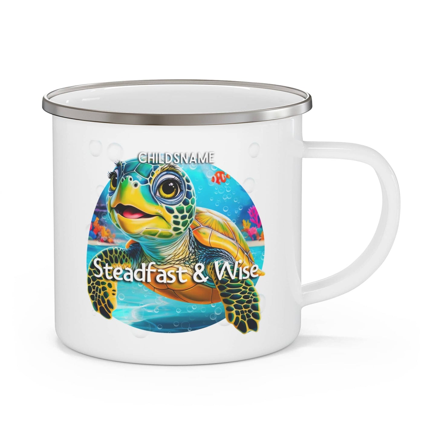 Personalized Kids Turtle Camping Mug – Steadfast & Wise – Colorful Sea Life Stainless Steel Enamel Cup (12oz)