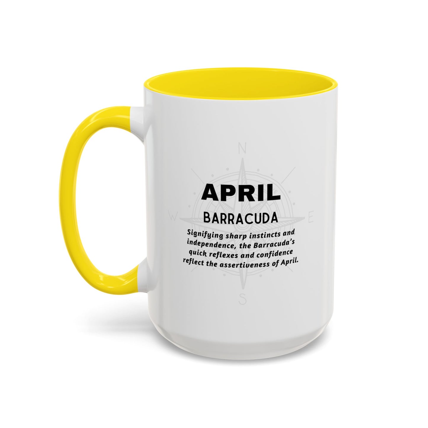 April Barracuda white coffee mug with yellow handle and interior, featuring text about 'April Barracuda'.