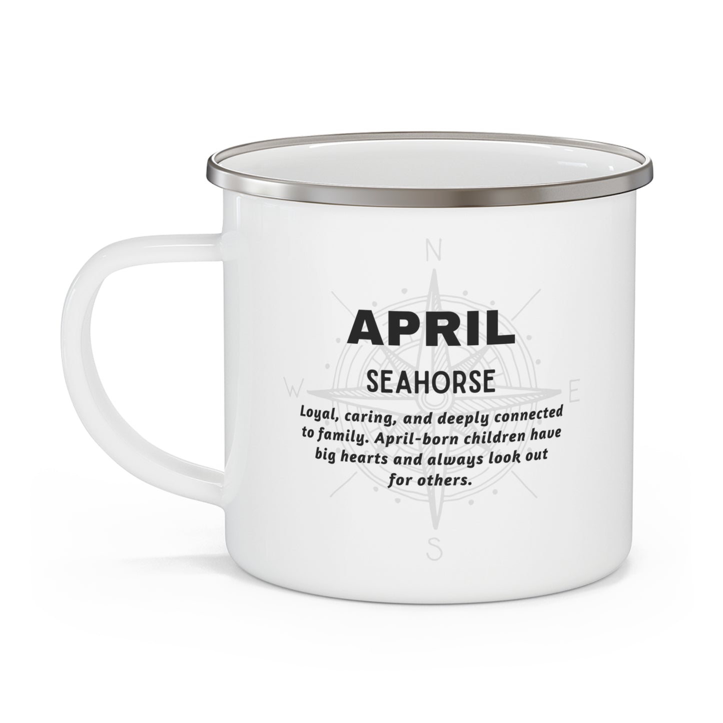 White April birth month mug for kids with seahorse design and family connection message