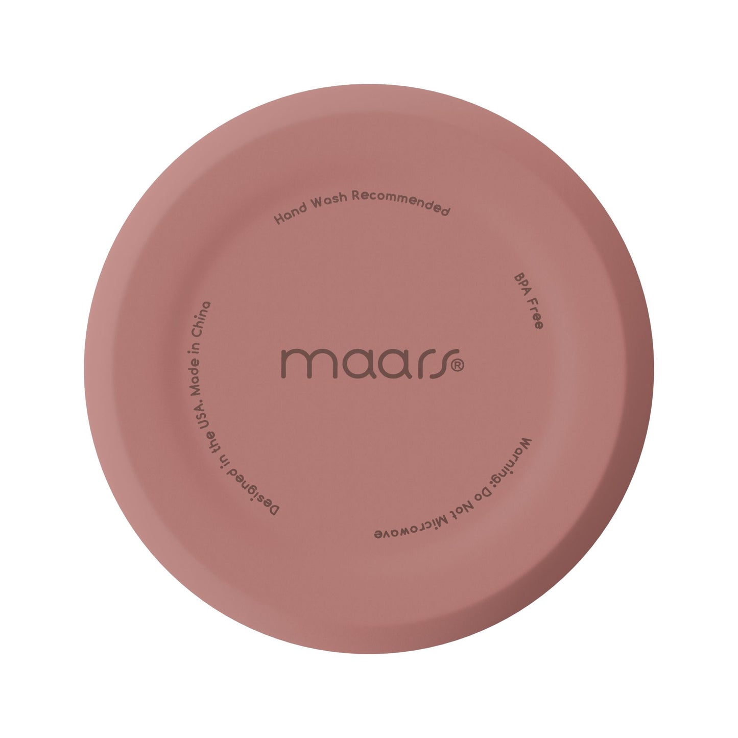 Round dusty rose skinny travel mug with 'maars' branding on a white background