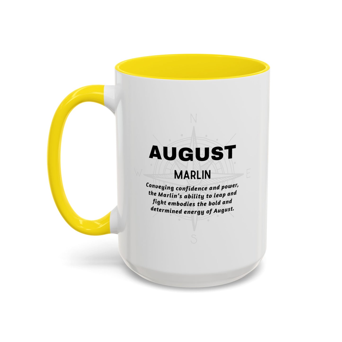 White coffee mug with yellow handle and interior, featuring text about 'August Marlin'.