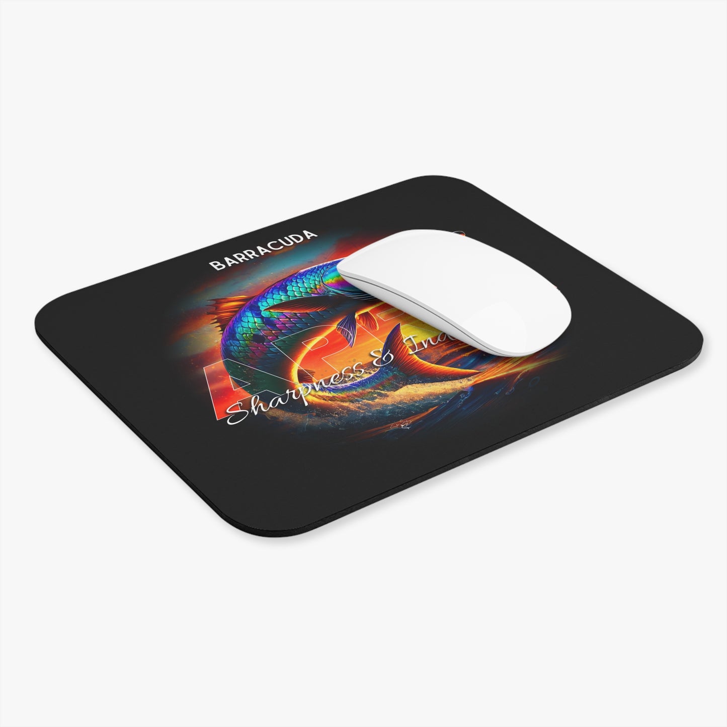 Birth month mouse pad featuring colorful barracuda design on black background