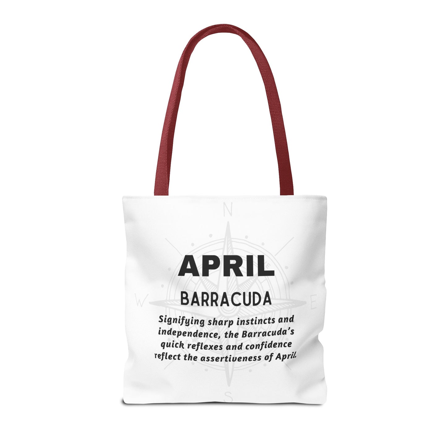 Birth month beach tote with April Barracuda design and descriptive text on white fabric