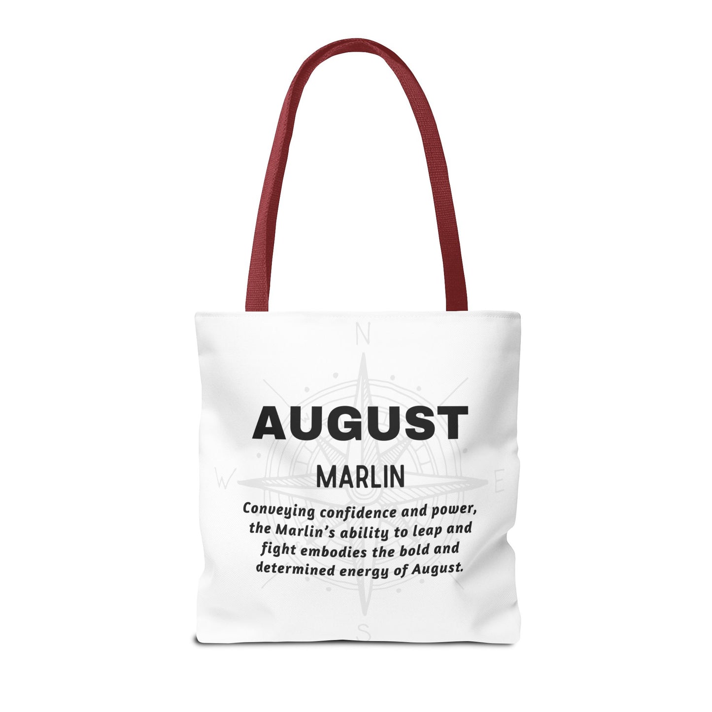 August birth month beach tote with marlin design and maroon handles