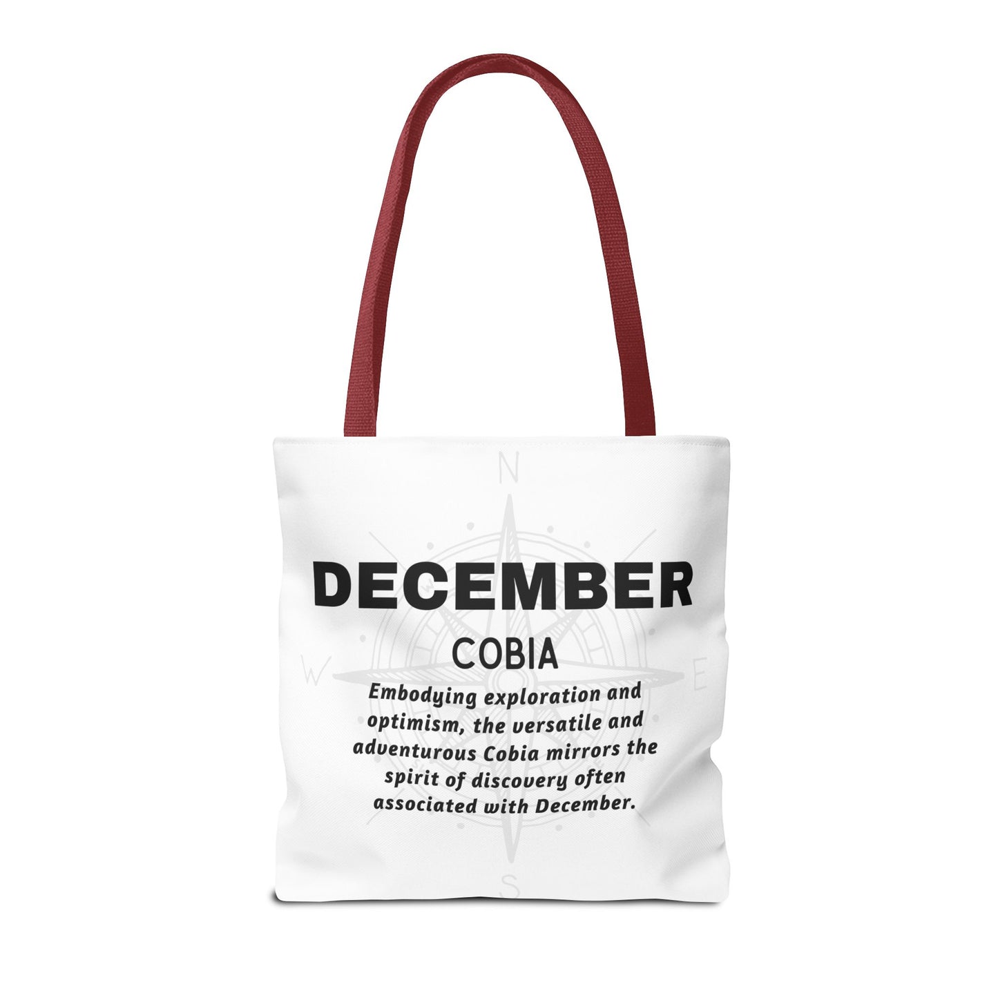 December birth month beach tote with Cobia design and inspirational text for explorers