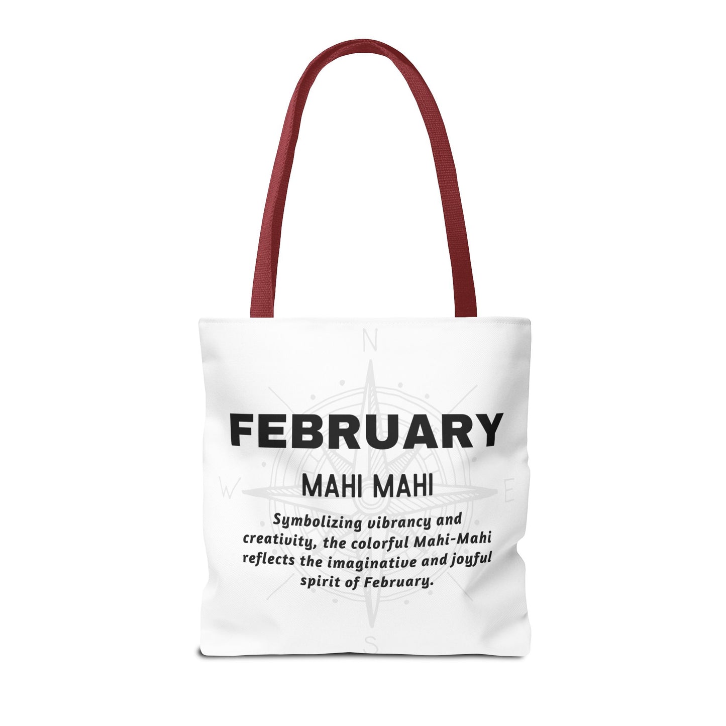 February birth month beach tote with red straps and Mahi Mahi design highlighting vibrancy and creativity