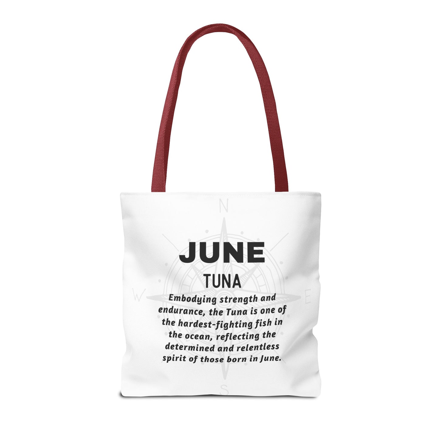 June birth month beach tote with red handles featuring Tuna design and inspirational text