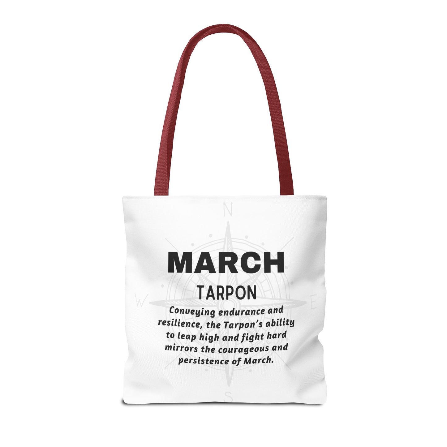 March birth month beach tote with red handles and inspirational Tarpon quote