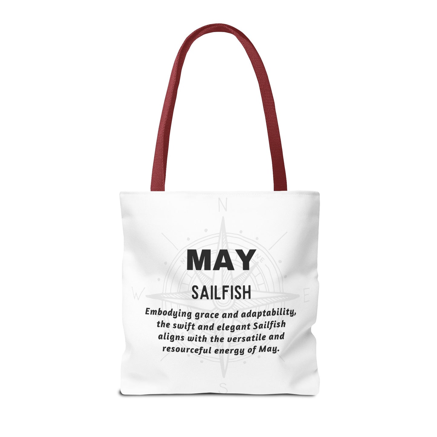May birth month beach tote with maroon handles and descriptive sailfish design