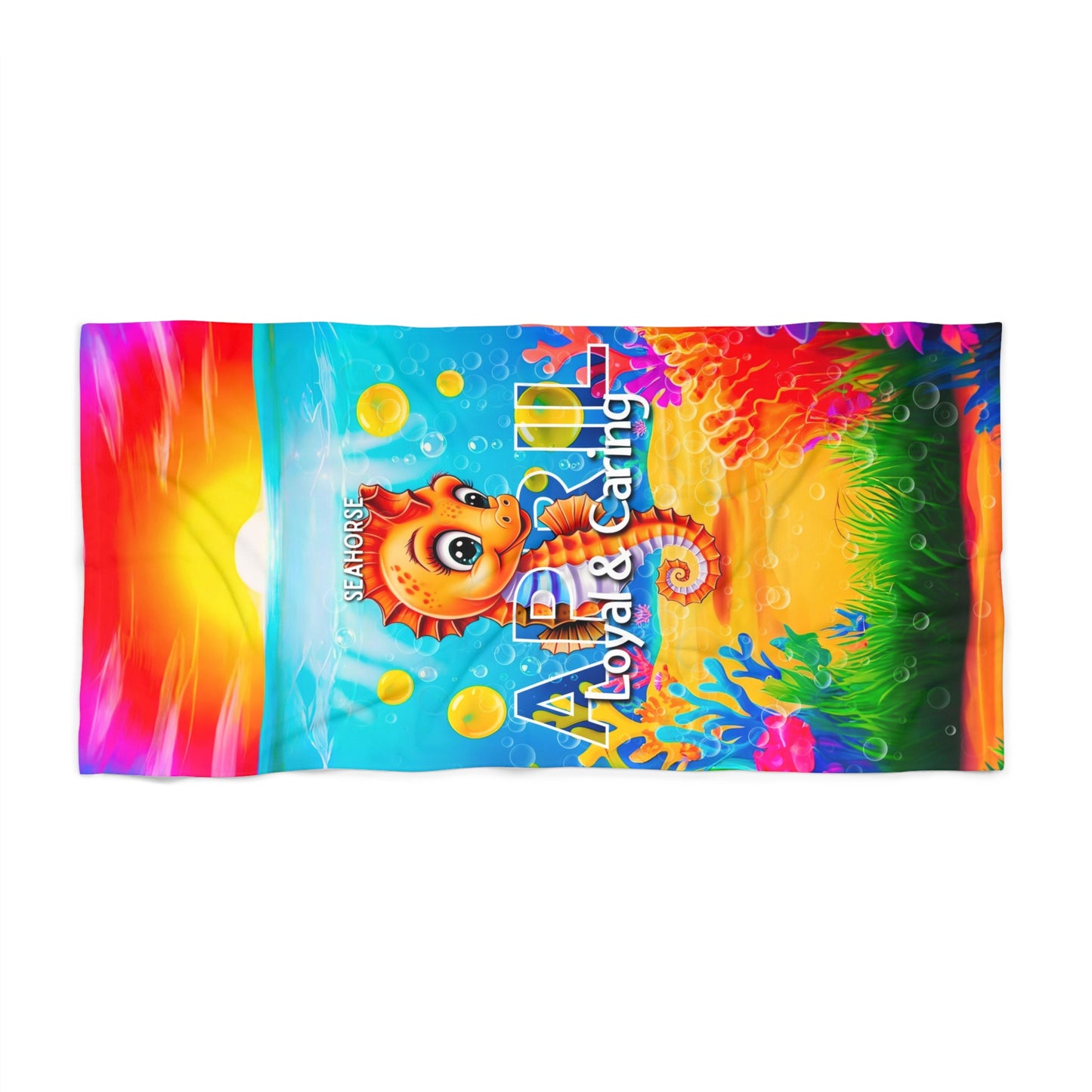 Colorful birth month kids beach towel featuring a cute seahorse and ocean-themed design