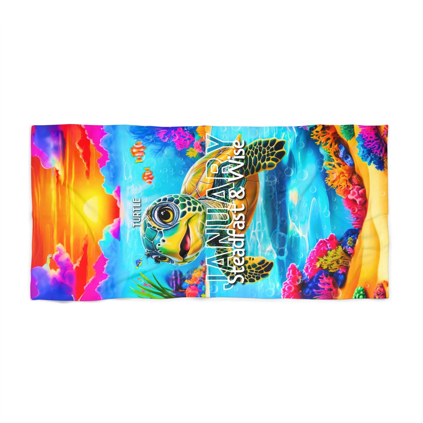 January birth month kids beach towel with colorful turtle and underwater coral reef design