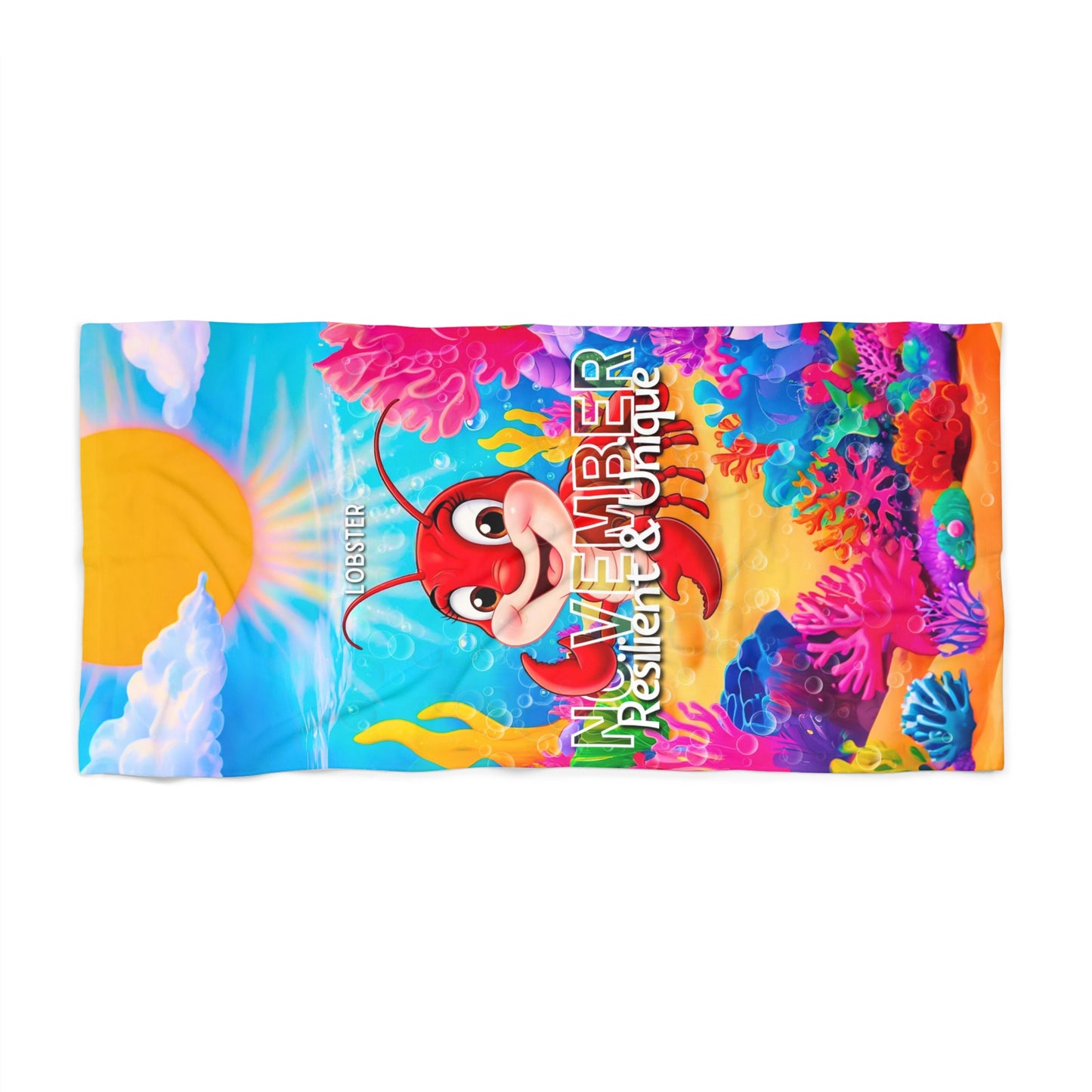 Birth month kids beach towel featuring colorful lobster design for November with underwater coral theme