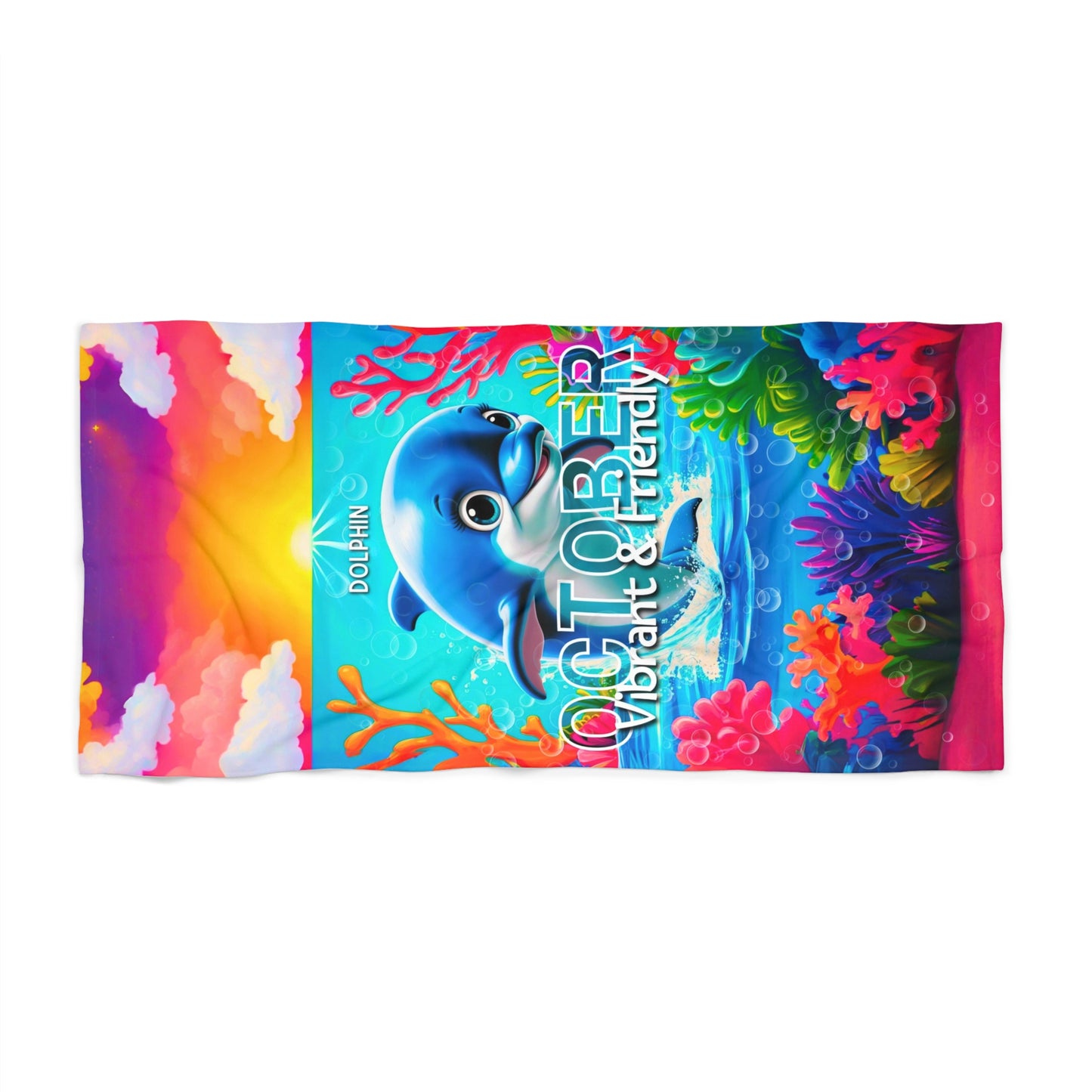 Printify vibrant and friendly dolphin design October birth month kids beach towel with colorful ocean theme
