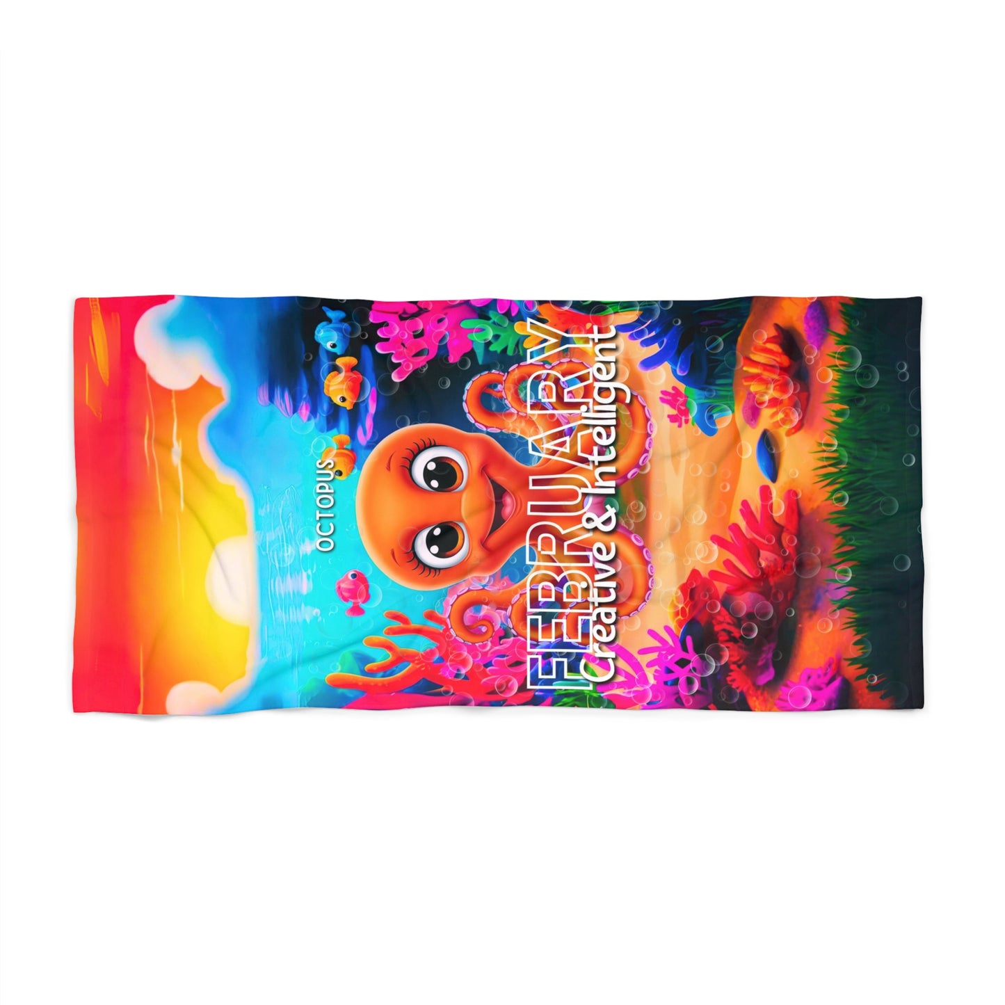 February birth month kids beach towel featuring colorful octopus and underwater coral design