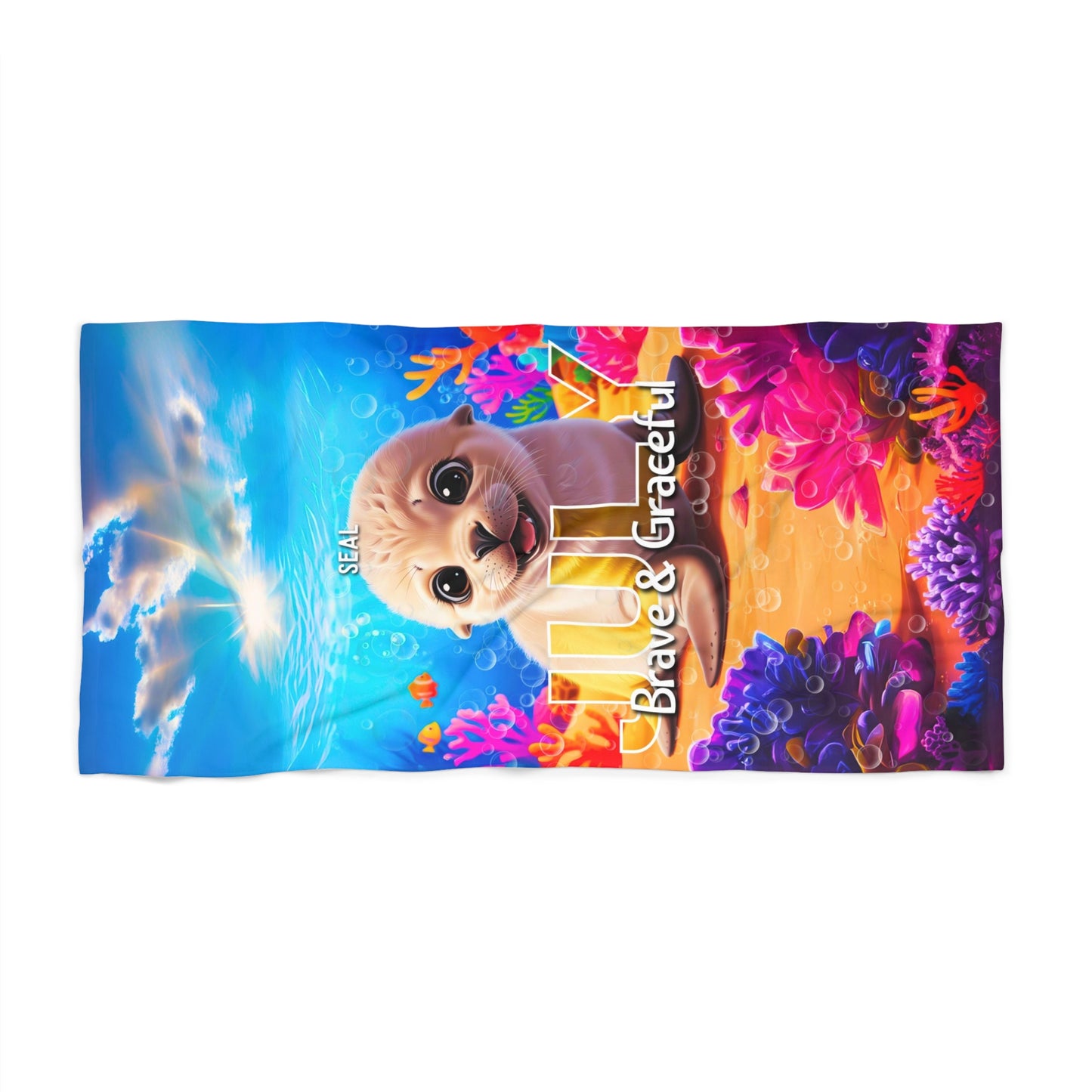 Birth Month Kids Beach Towel featuring cute seal pup with colorful underwater coral design