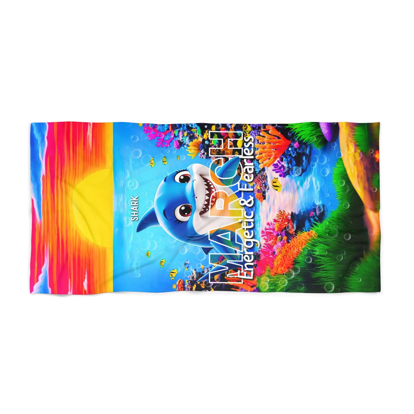 Colorful birth month kids beach towel featuring a playful shark and vibrant underwater scene