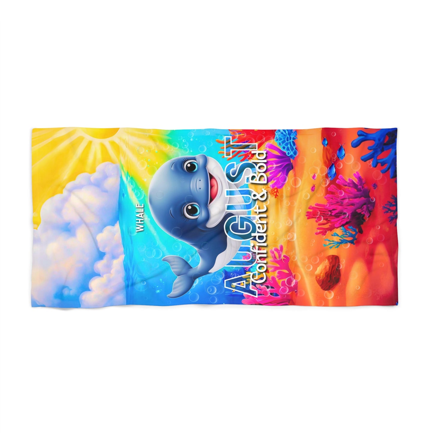 Colorful birth month kids beach towel featuring a cute whale and vibrant underwater design