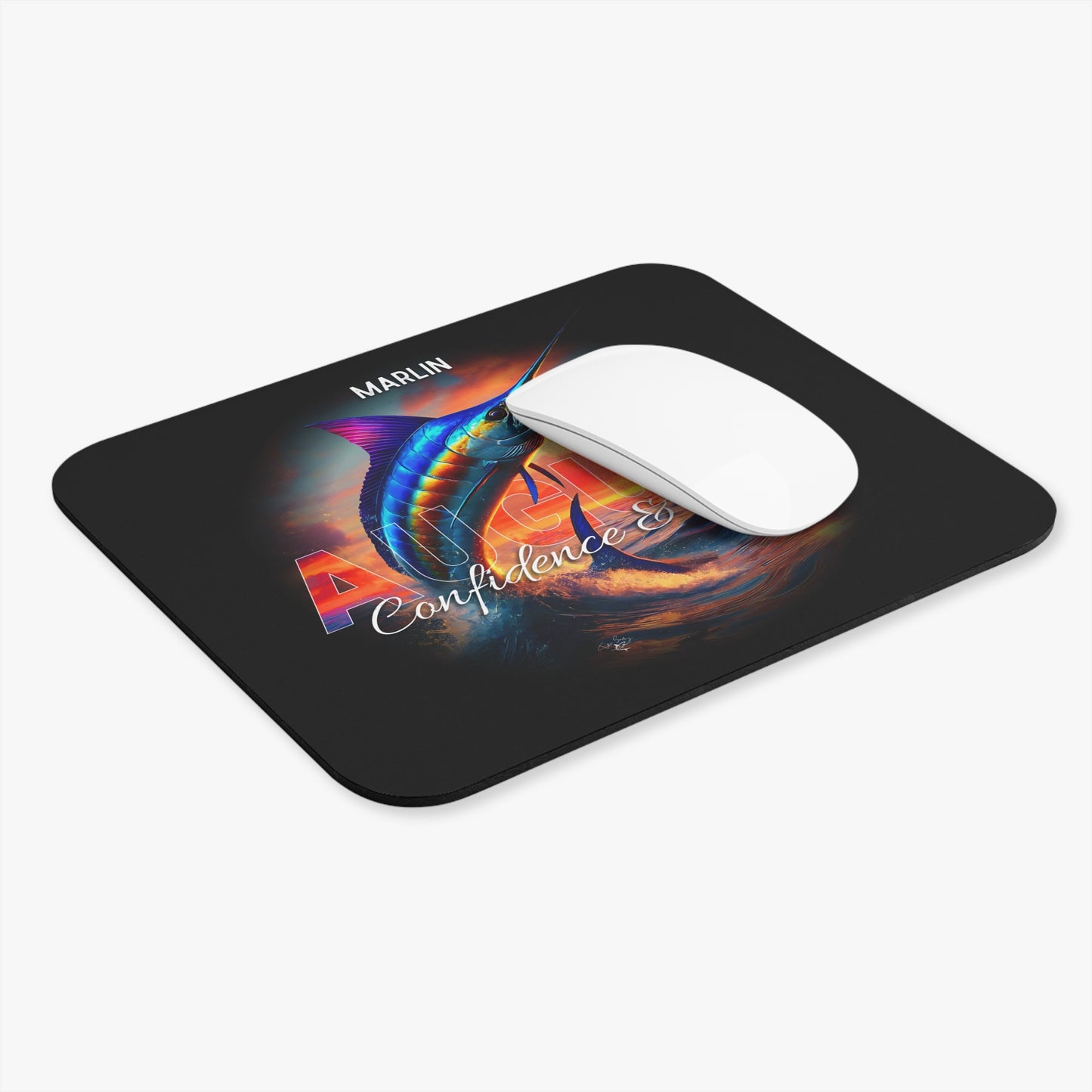 Birth month mouse pad with colorful marlin design and confidence theme in black background