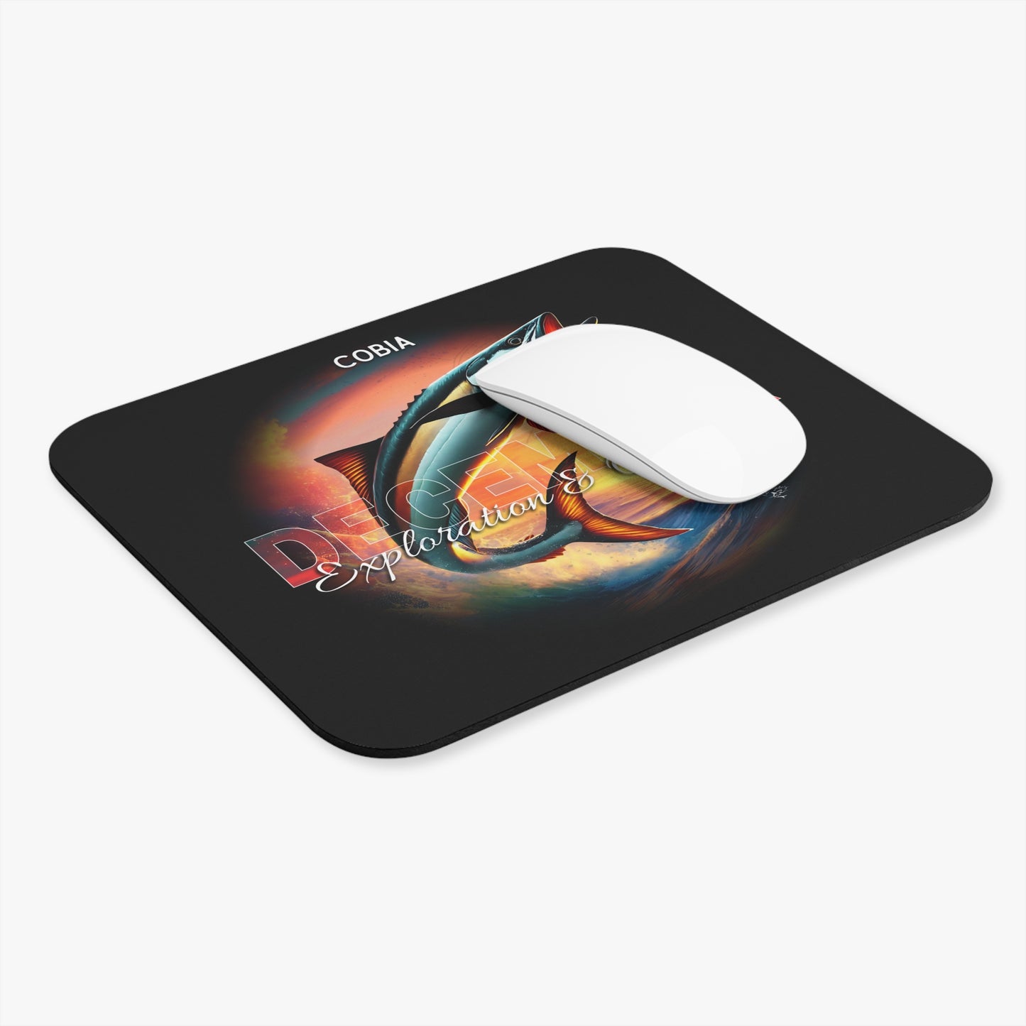 Birth month mouse pad with colorful fish design and white wireless mouse on black background
