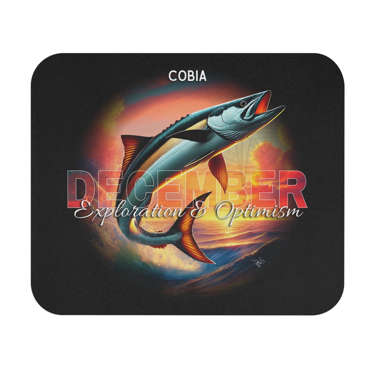 December birth month mouse pad featuring a colorful Cobia fish design with exploration and optimism text