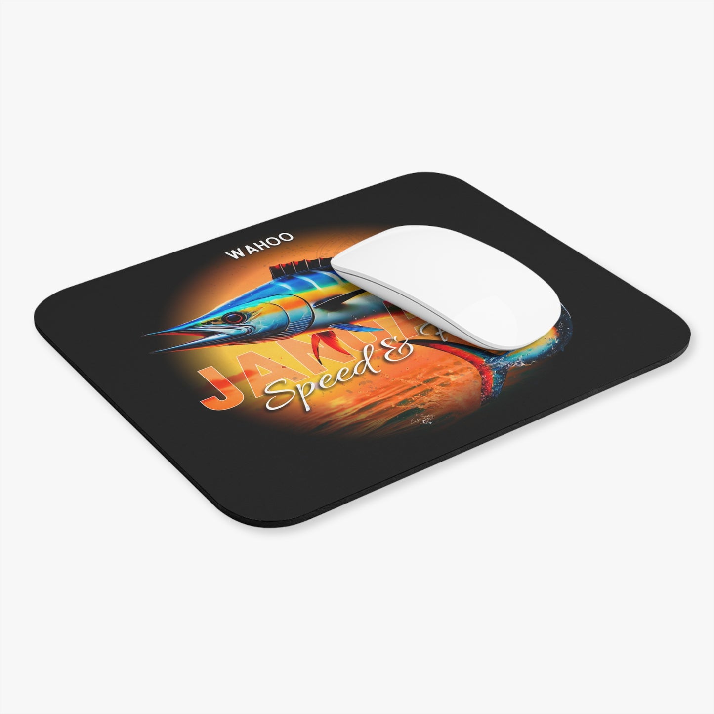 Birth month mouse pad featuring colorful wahoo fish design with black background