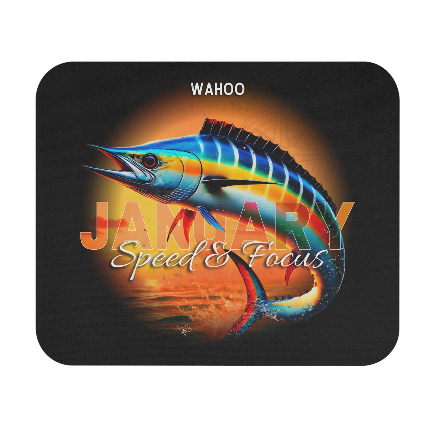 January birth month mouse pad featuring a colorful wahoo fish with speed and focus design