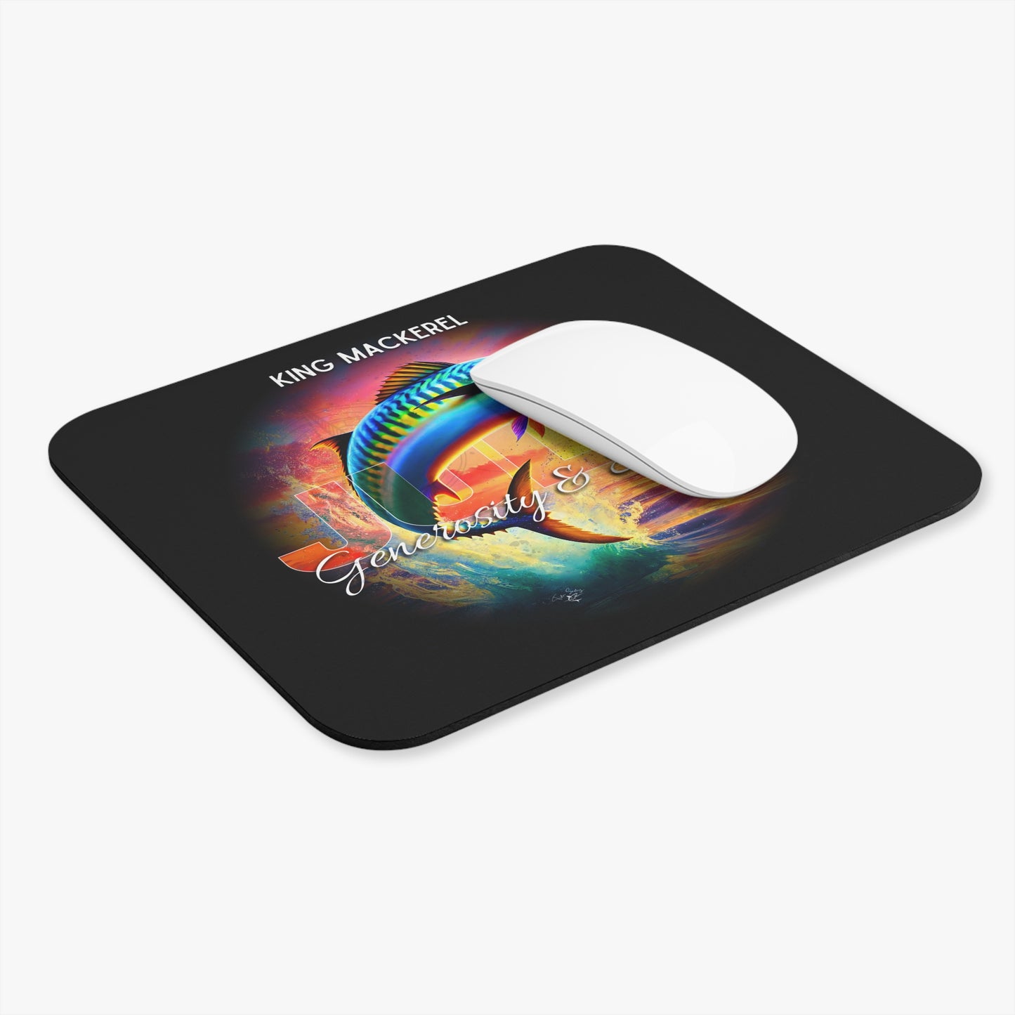 Birth month mouse pad featuring colorful King Mackerel fish design with generosity text on black background