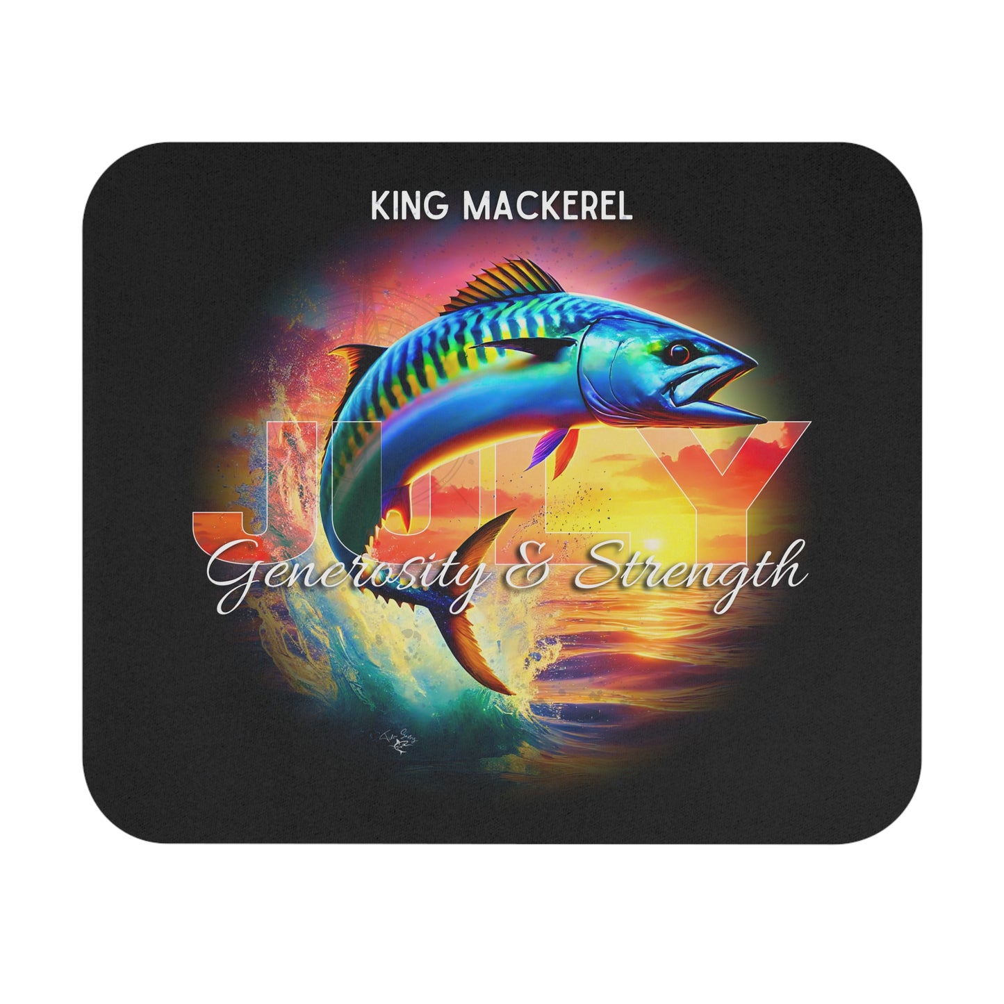 July birth month mouse pad featuring a vibrant king mackerel fish design with generosity and strength text