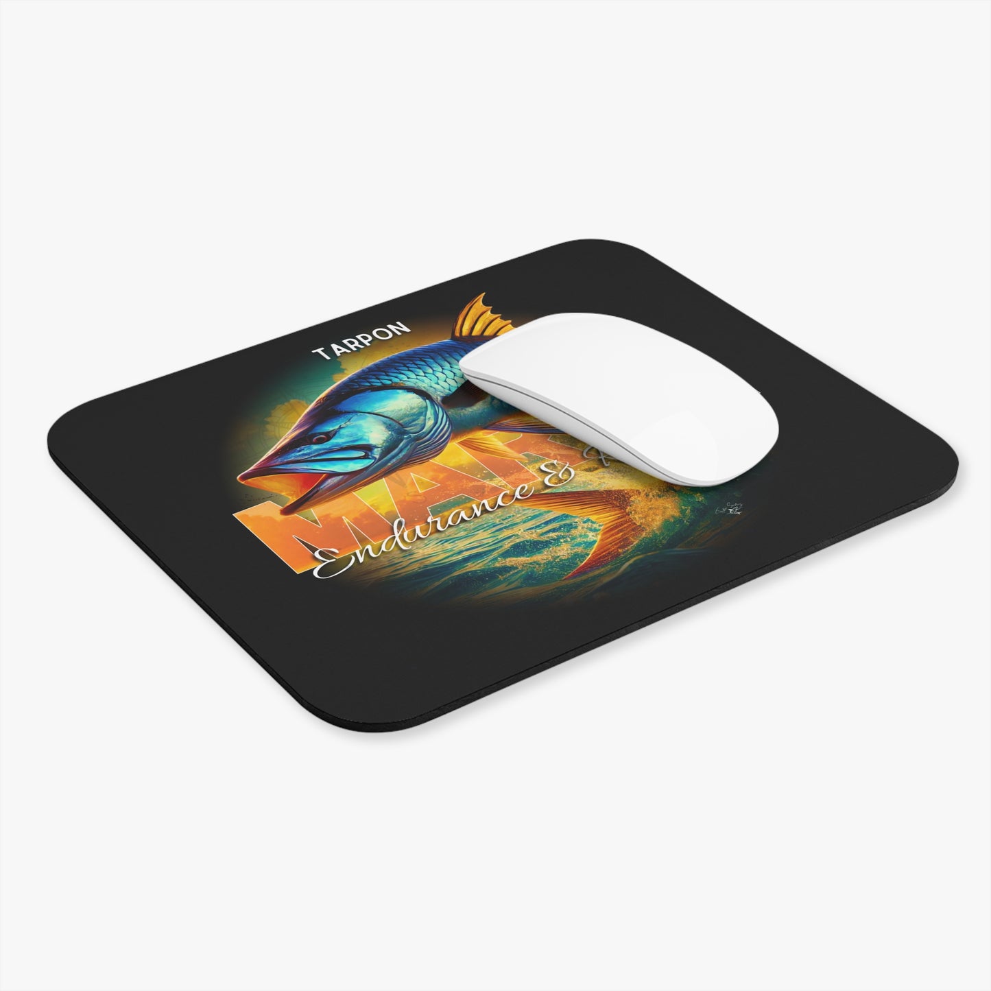 Birth month mouse pad with colorful tarpon fish design on black background