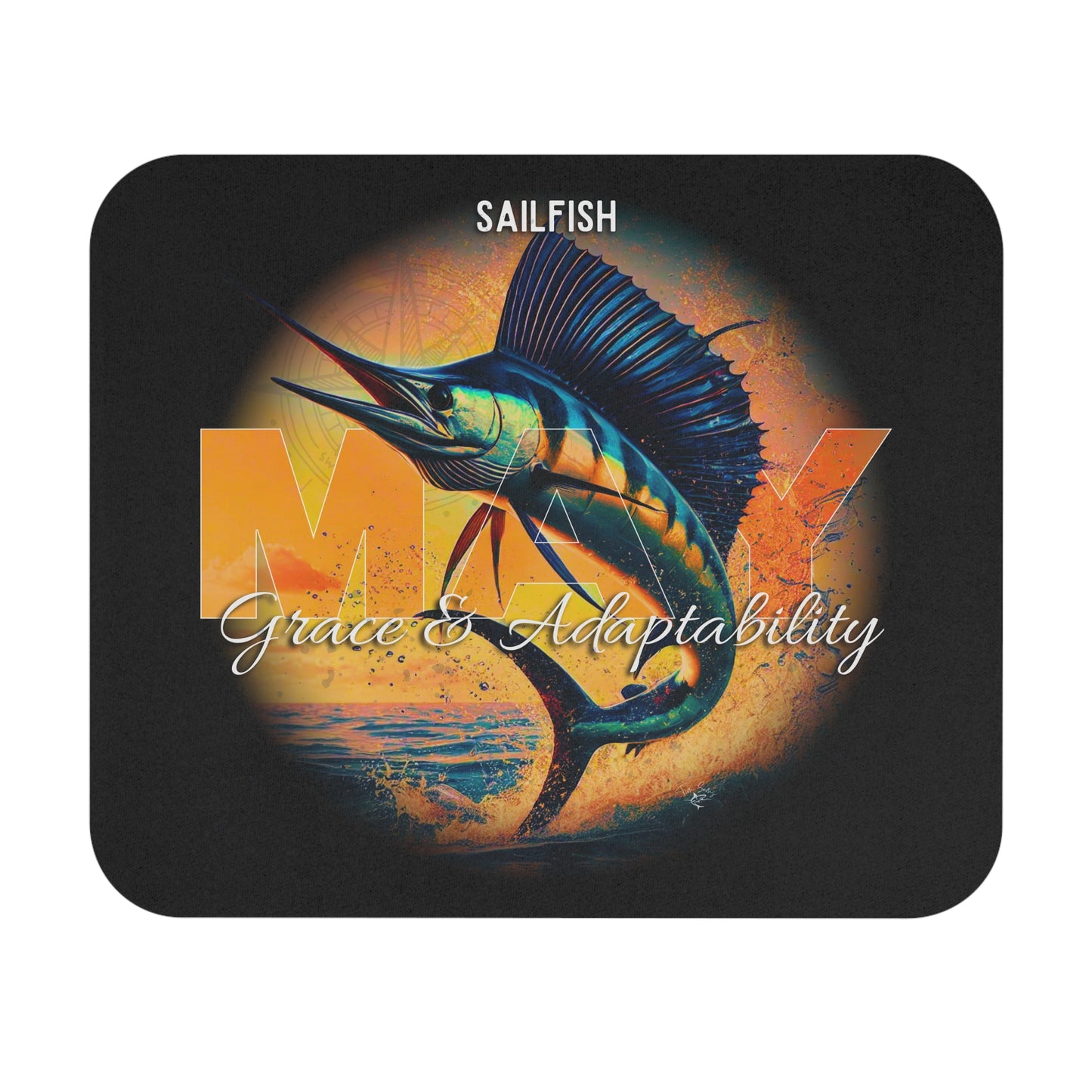 Birth month mouse pad featuring a colorful sailfish with May text and graceful design