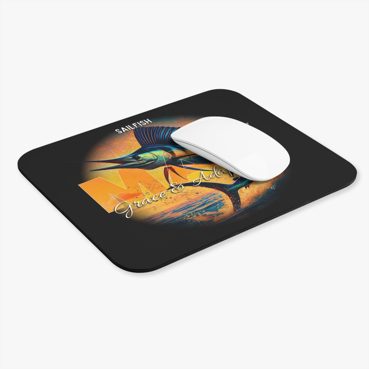 Birth month mouse pad with sailfish design and personalized names on black background