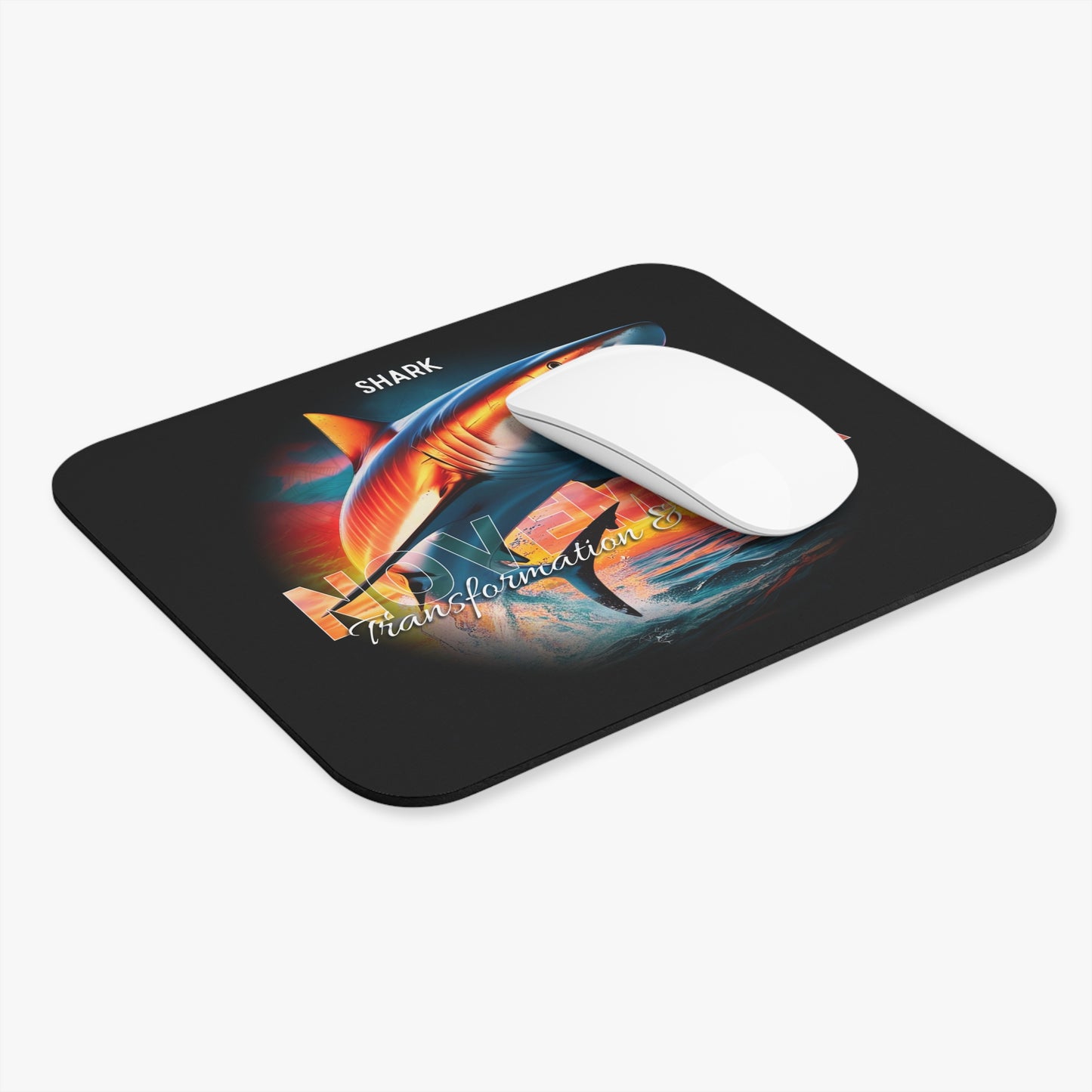 Birth month mouse pad with vibrant shark design and smooth black surface for desk use