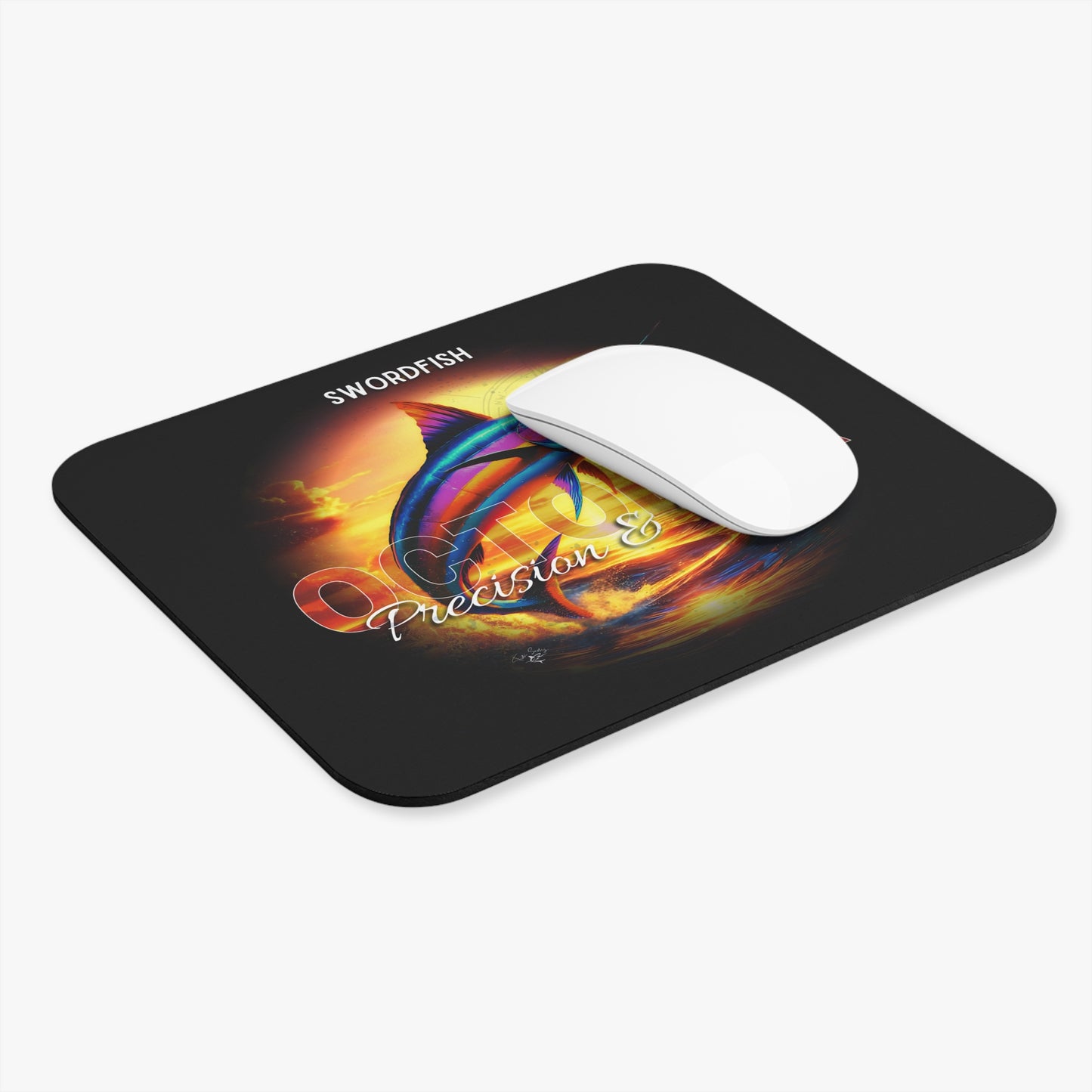 Birth month mouse pad featuring colorful swordfish design on black background