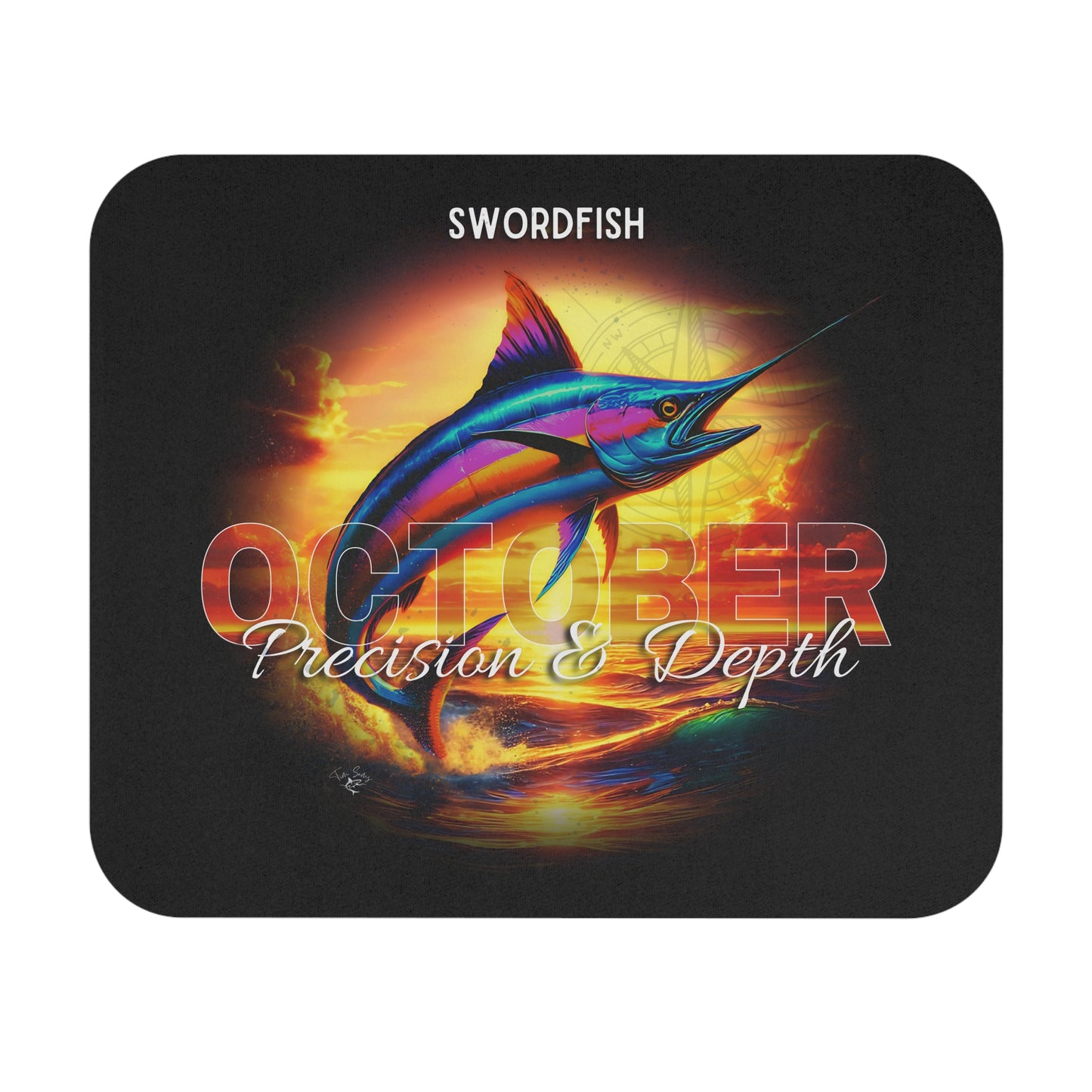 October birth month mouse pad featuring a colorful swordfish with precision and depth design