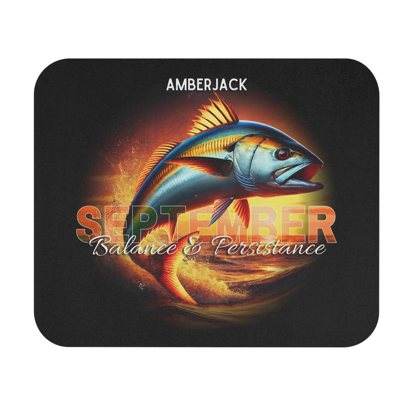 September birth month mouse pad featuring an amberjack fish with balance and persistence text